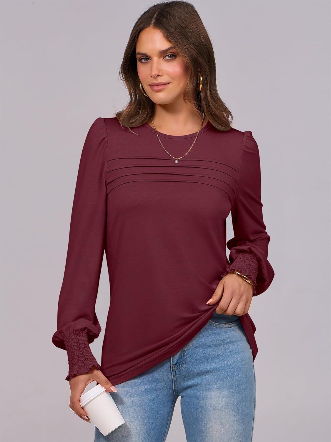 imageANRABESS Long Sleeve Shirts for Women Fall Fashion 2025 Dressy Casual Blouses Trendy Pleated Tunic Tops OutfitsWinered