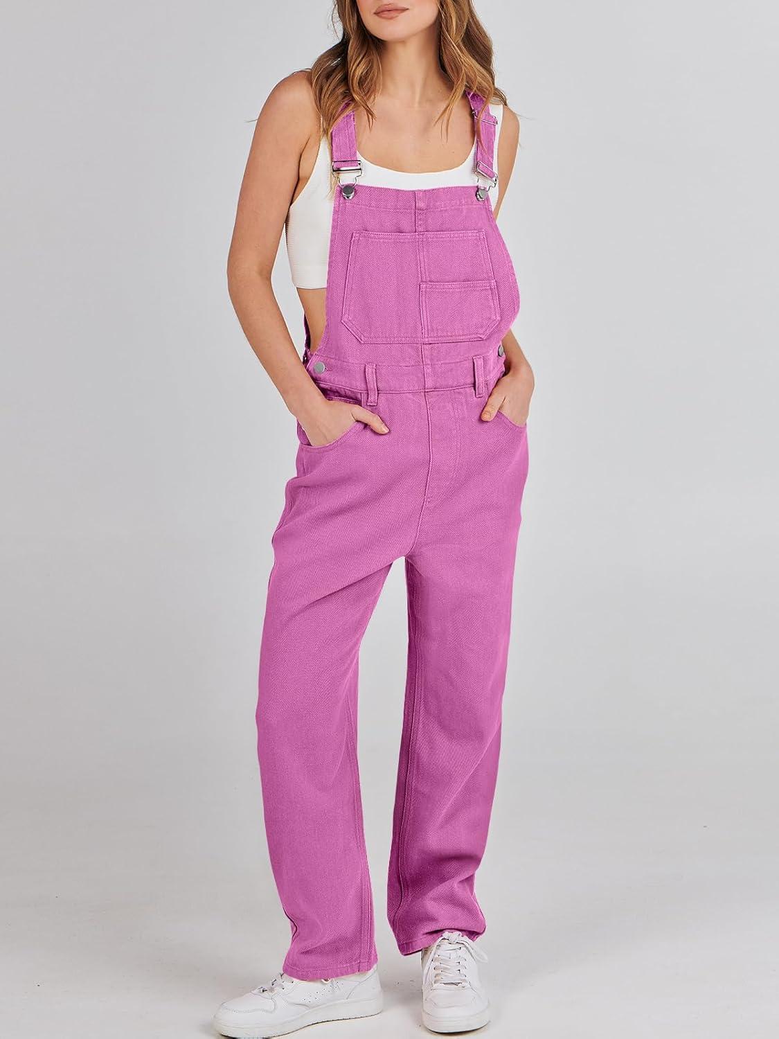 imageANRABESS Overalls for Women Loose Fit Denim Overalls Adjustable Strap Jean Jumpsuit Bib Romper 2025 Fall Casual Work OutfitsHot Pink
