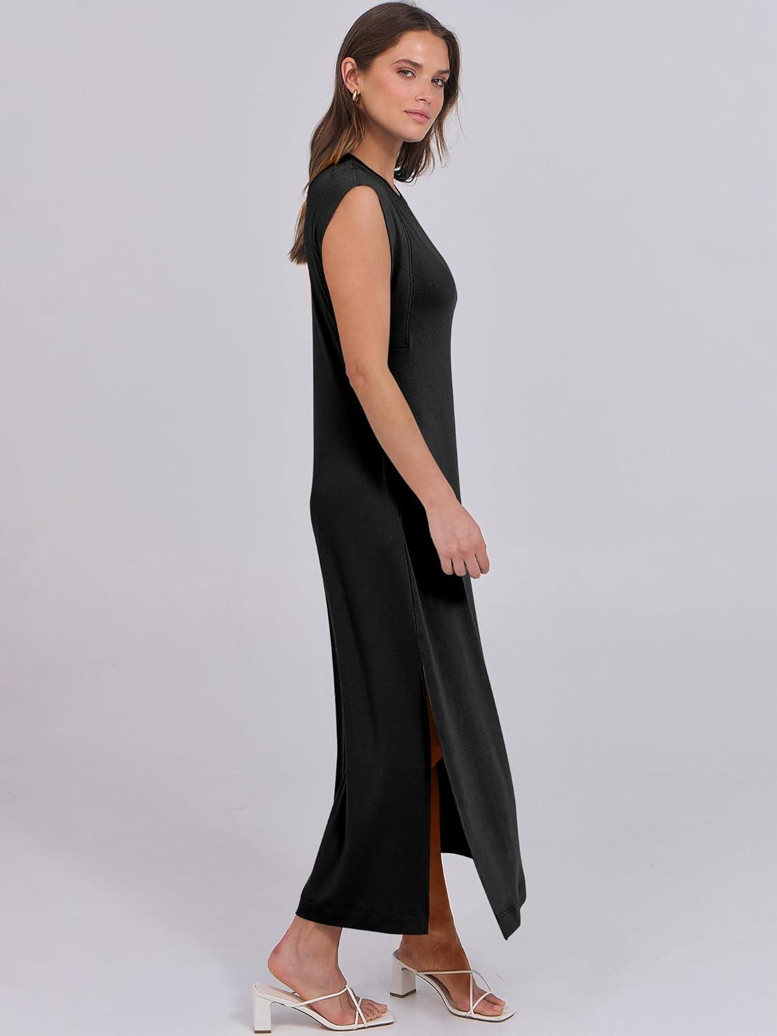 imageANRABESS Summer Dress for Women 2025 Maxi Sundresses Casual Cap Sleeve Crew Neck Loose Split Beach Travel Vacation OutfitsBlack