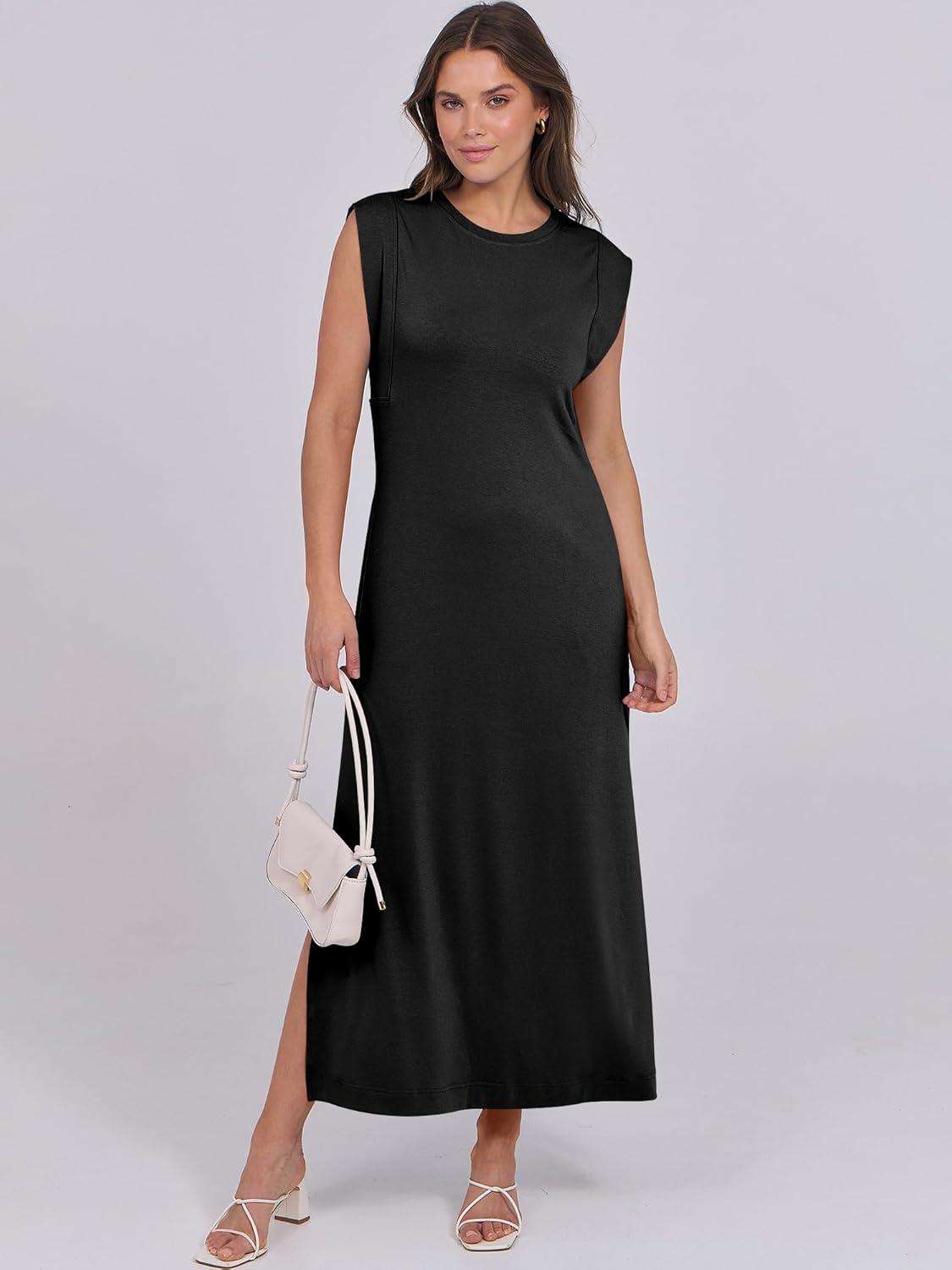 imageANRABESS Summer Dress for Women 2025 Maxi Sundresses Casual Cap Sleeve Crew Neck Loose Split Beach Travel Vacation OutfitsBlack