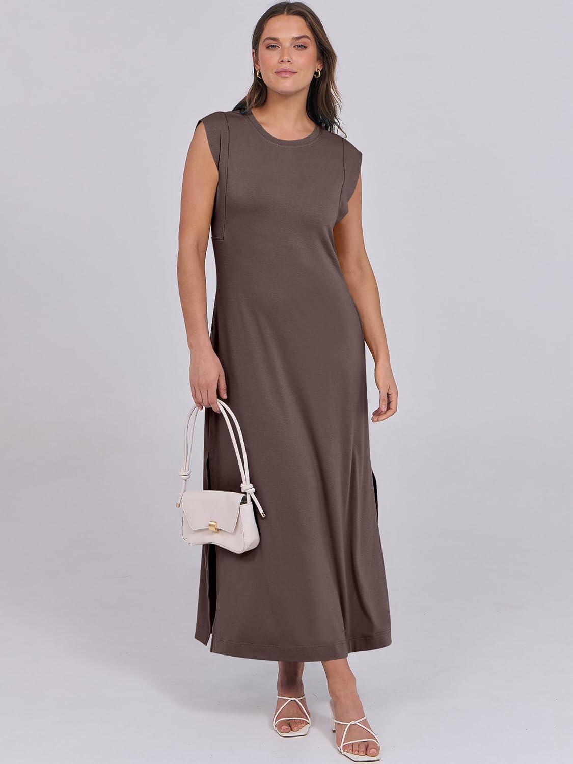 imageANRABESS Summer Dress for Women 2025 Maxi Sundresses Casual Cap Sleeve Crew Neck Loose Split Beach Travel Vacation OutfitsCoffee