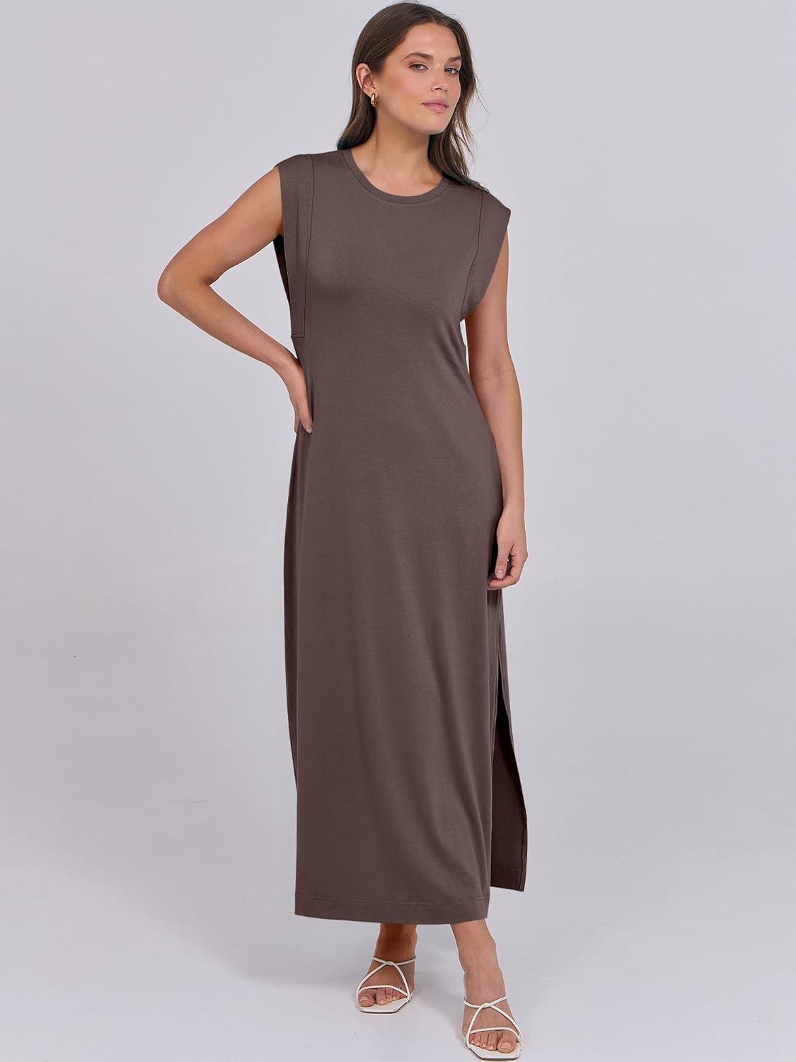 imageANRABESS Summer Dress for Women 2025 Maxi Sundresses Casual Cap Sleeve Crew Neck Loose Split Beach Travel Vacation OutfitsCoffee