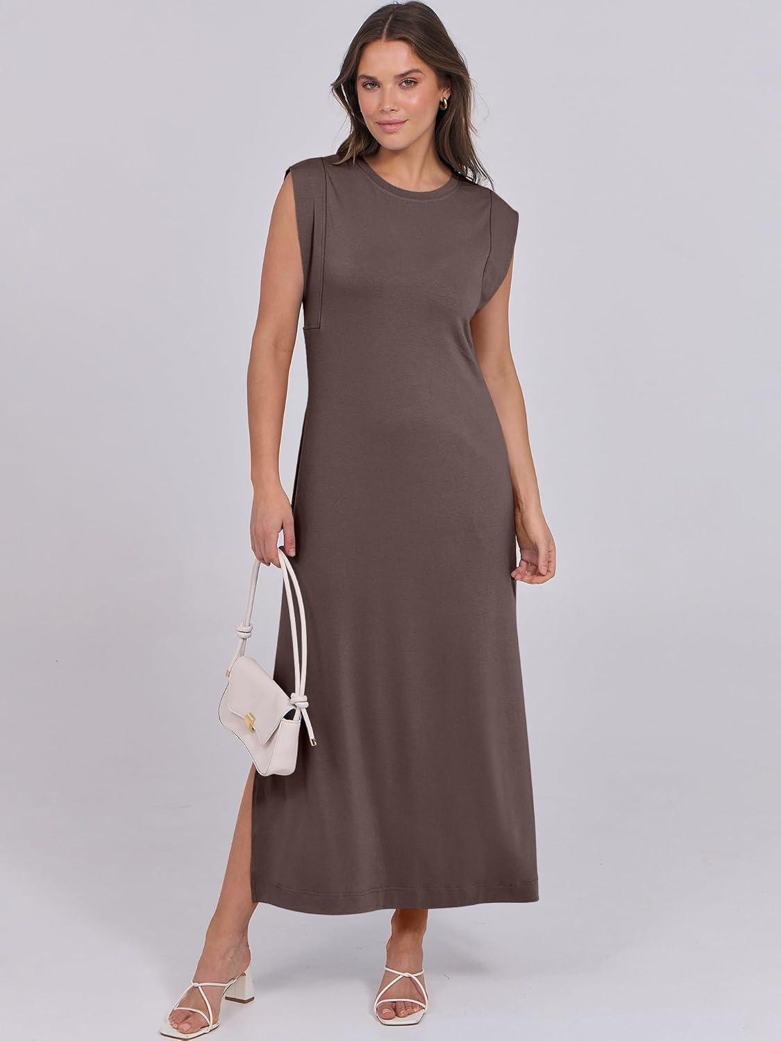 imageANRABESS Summer Dress for Women 2025 Maxi Sundresses Casual Cap Sleeve Crew Neck Loose Split Beach Travel Vacation OutfitsCoffee
