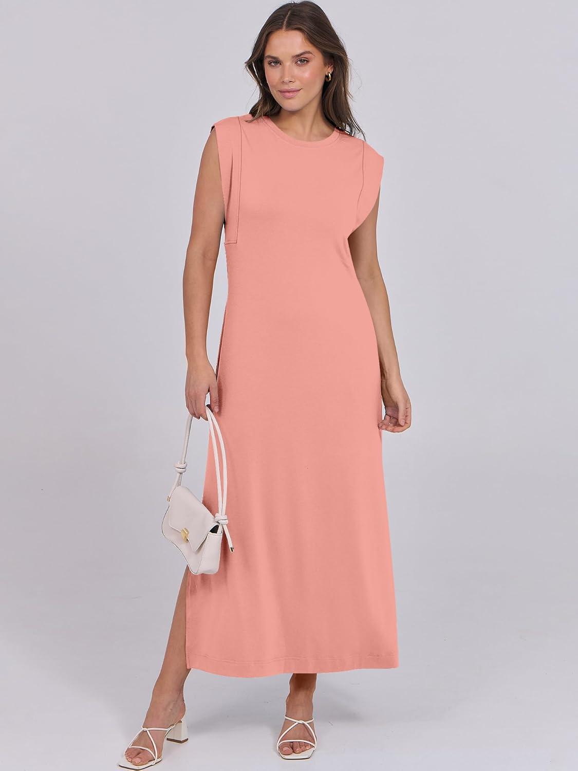 imageANRABESS Summer Dress for Women 2025 Maxi Sundresses Casual Cap Sleeve Crew Neck Loose Split Beach Travel Vacation OutfitsCoral Pink