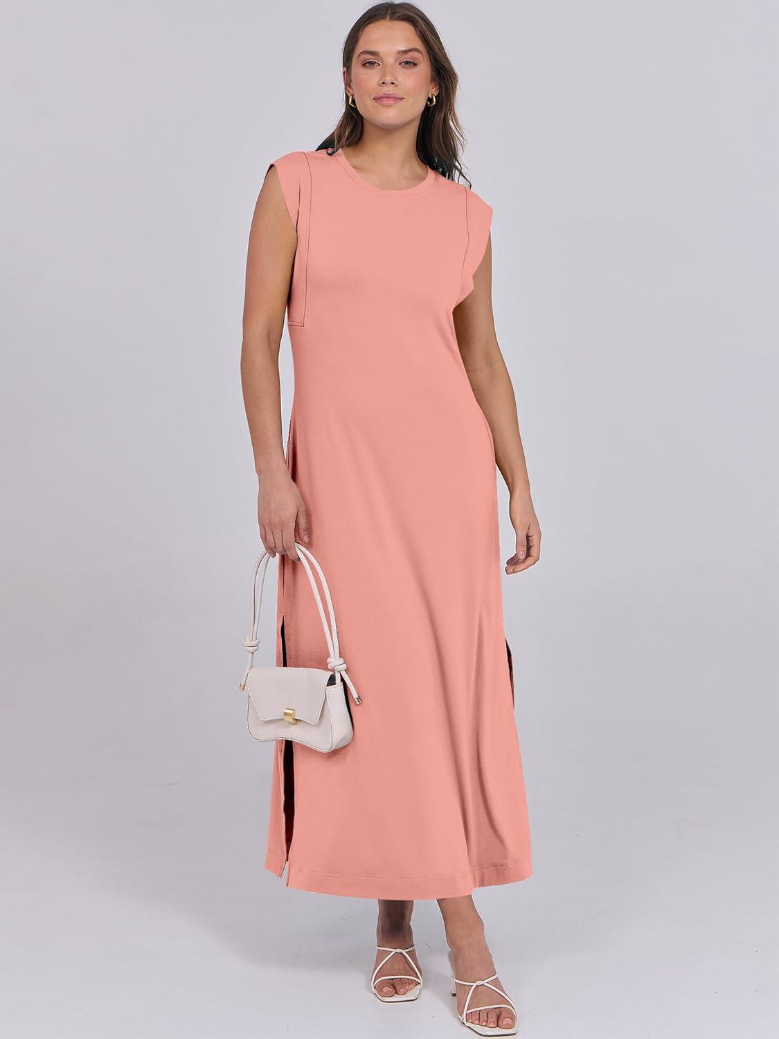 imageANRABESS Summer Dress for Women 2025 Maxi Sundresses Casual Cap Sleeve Crew Neck Loose Split Beach Travel Vacation OutfitsCoral Pink