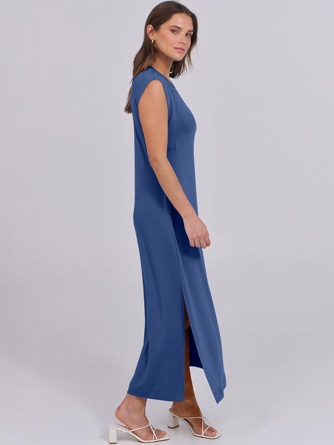 imageANRABESS Summer Dress for Women 2025 Maxi Sundresses Casual Cap Sleeve Crew Neck Loose Split Beach Travel Vacation OutfitsDark Blue