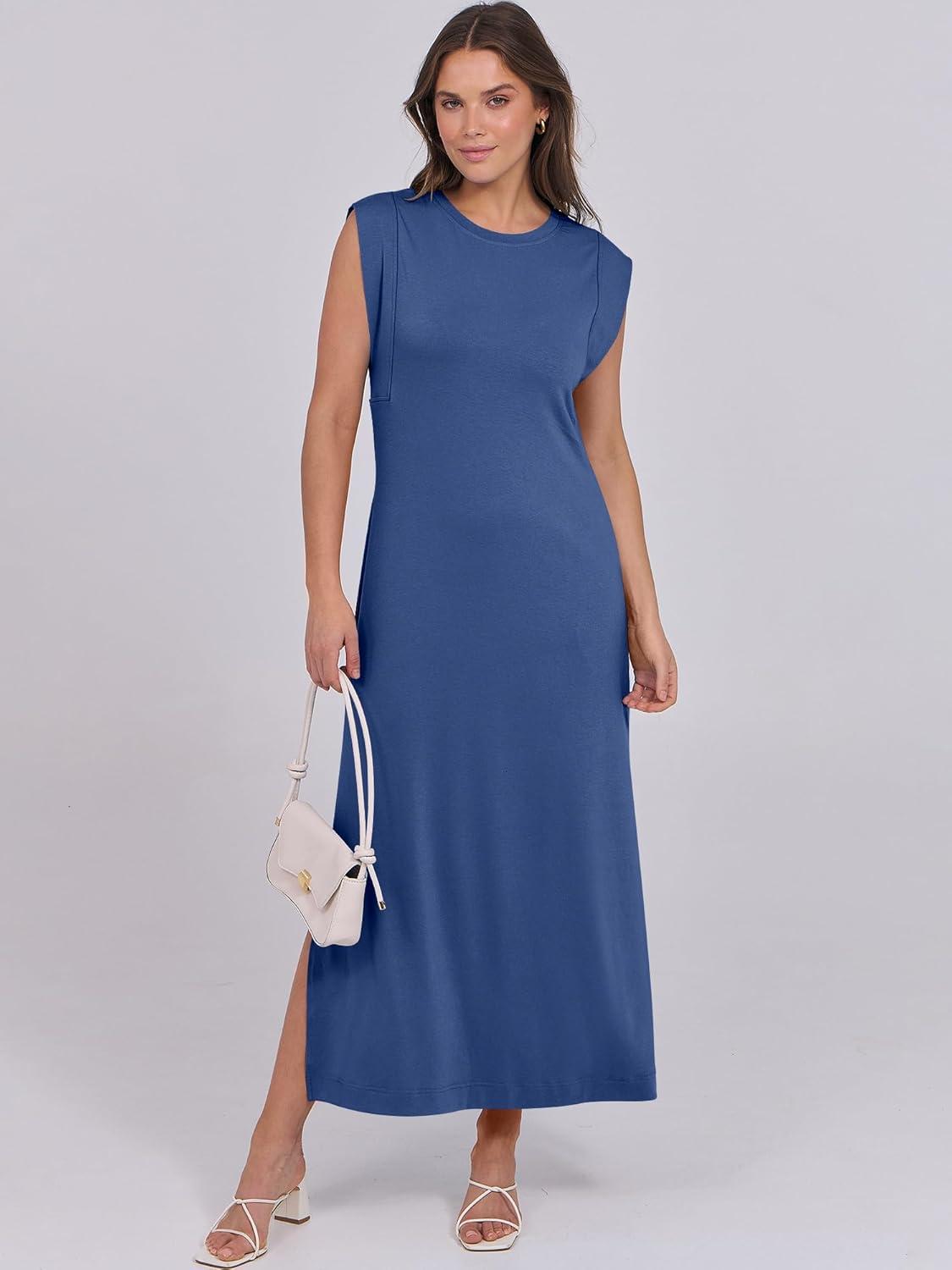 imageANRABESS Summer Dress for Women 2025 Maxi Sundresses Casual Cap Sleeve Crew Neck Loose Split Beach Travel Vacation OutfitsDark Blue