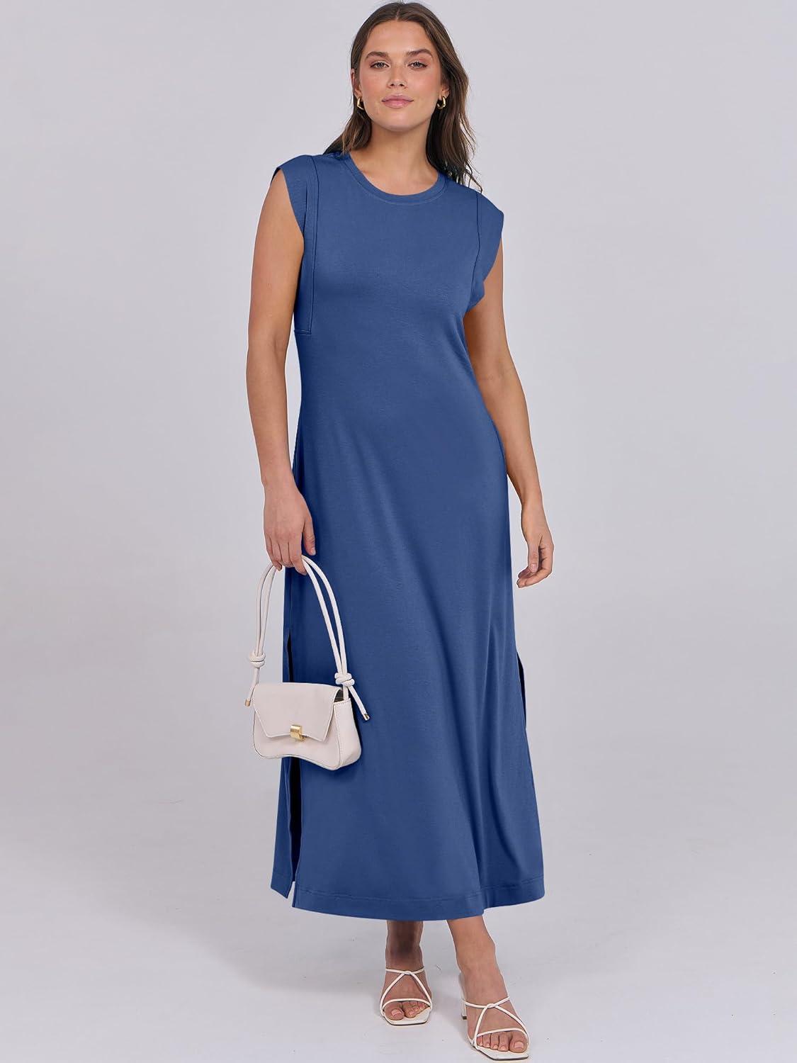 imageANRABESS Summer Dress for Women 2025 Maxi Sundresses Casual Cap Sleeve Crew Neck Loose Split Beach Travel Vacation OutfitsDark Blue