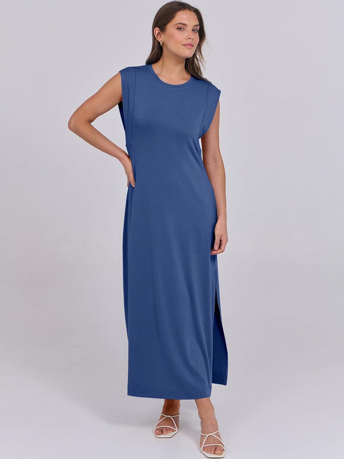 imageANRABESS Summer Dress for Women 2025 Maxi Sundresses Casual Cap Sleeve Crew Neck Loose Split Beach Travel Vacation OutfitsDark Blue