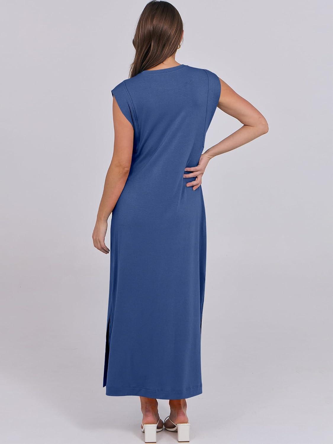 imageANRABESS Summer Dress for Women 2025 Maxi Sundresses Casual Cap Sleeve Crew Neck Loose Split Beach Travel Vacation OutfitsDark Blue