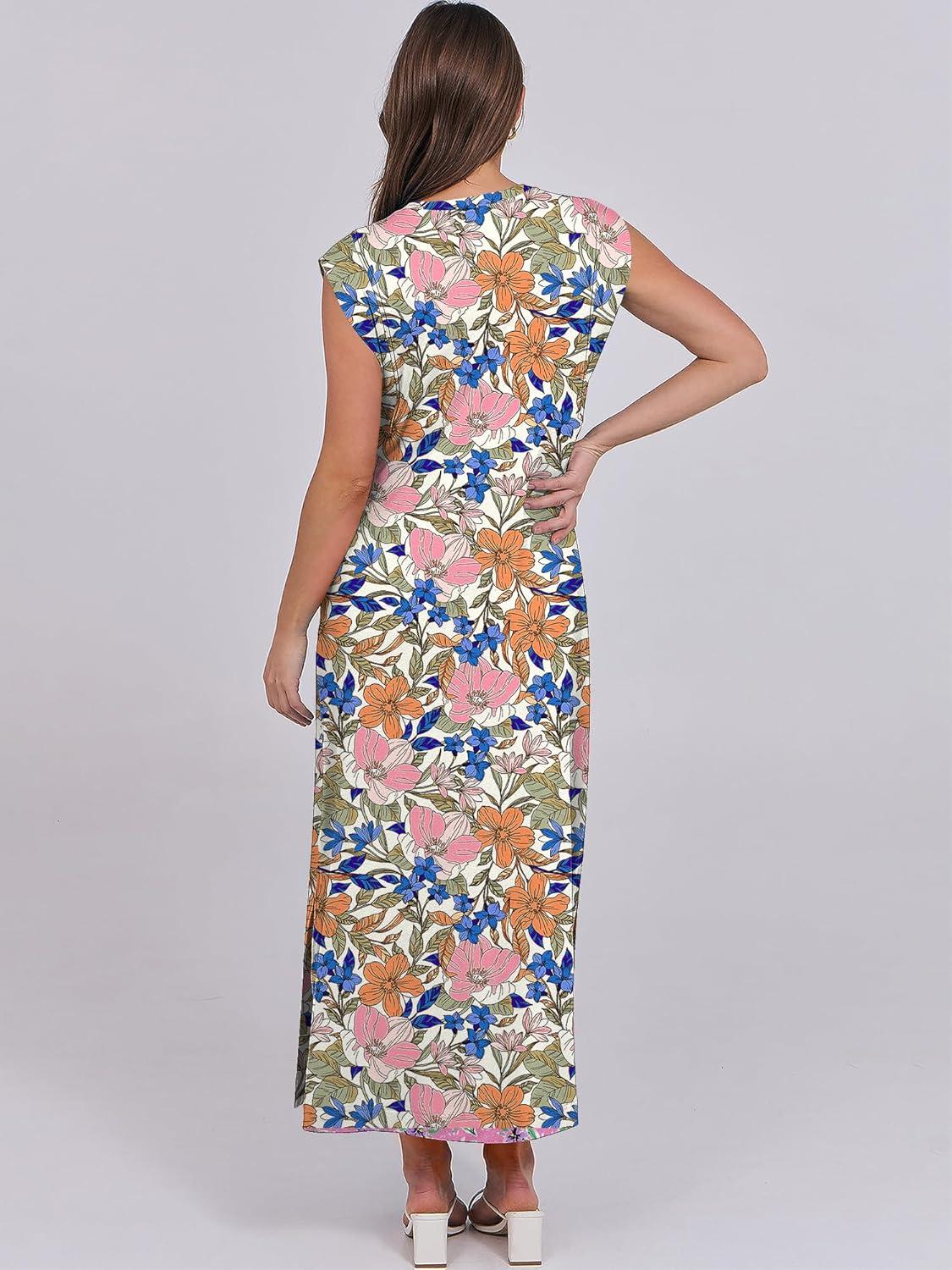 imageANRABESS Summer Dress for Women 2025 Maxi Sundresses Casual Cap Sleeve Crew Neck Loose Split Beach Travel Vacation OutfitsFloral Blue Orange Pink