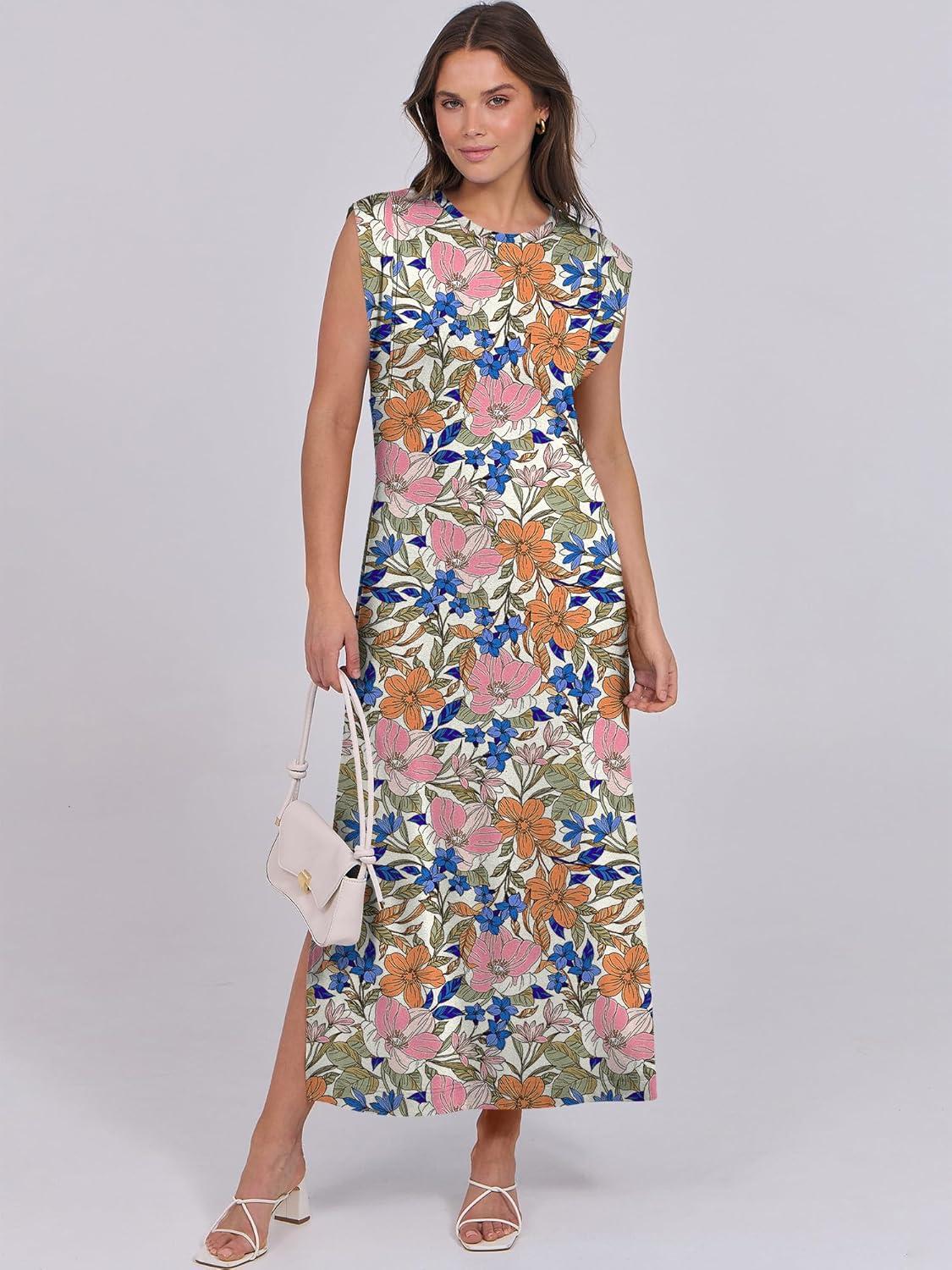imageANRABESS Summer Dress for Women 2025 Maxi Sundresses Casual Cap Sleeve Crew Neck Loose Split Beach Travel Vacation OutfitsFloral Blue Orange Pink