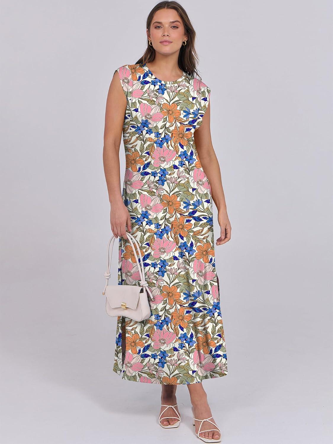 imageANRABESS Summer Dress for Women 2025 Maxi Sundresses Casual Cap Sleeve Crew Neck Loose Split Beach Travel Vacation OutfitsFloral Blue Orange Pink