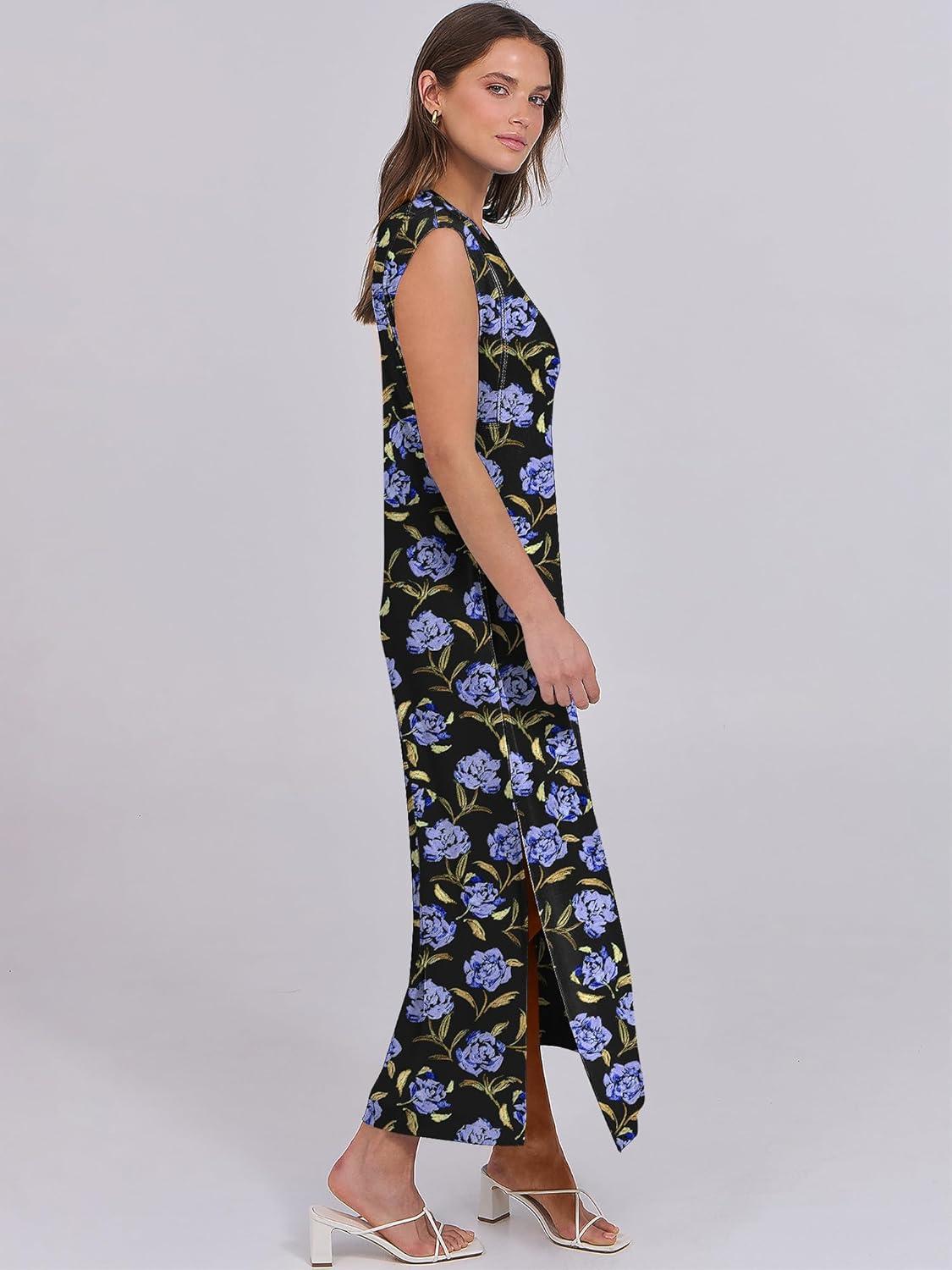 imageANRABESS Summer Dress for Women 2025 Maxi Sundresses Casual Cap Sleeve Crew Neck Loose Split Beach Travel Vacation OutfitsFloral Blue Roses
