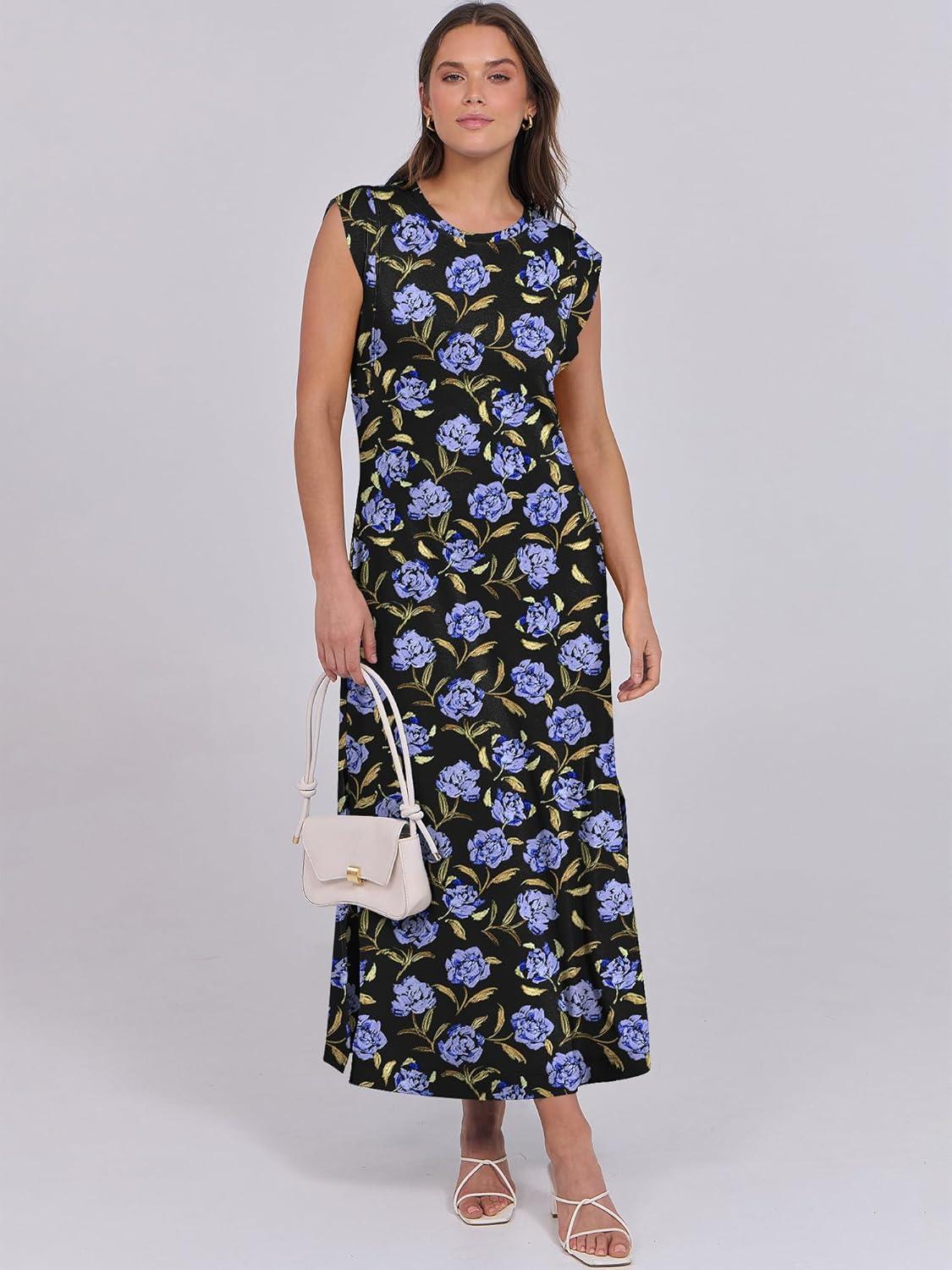 imageANRABESS Summer Dress for Women 2025 Maxi Sundresses Casual Cap Sleeve Crew Neck Loose Split Beach Travel Vacation OutfitsFloral Blue Roses