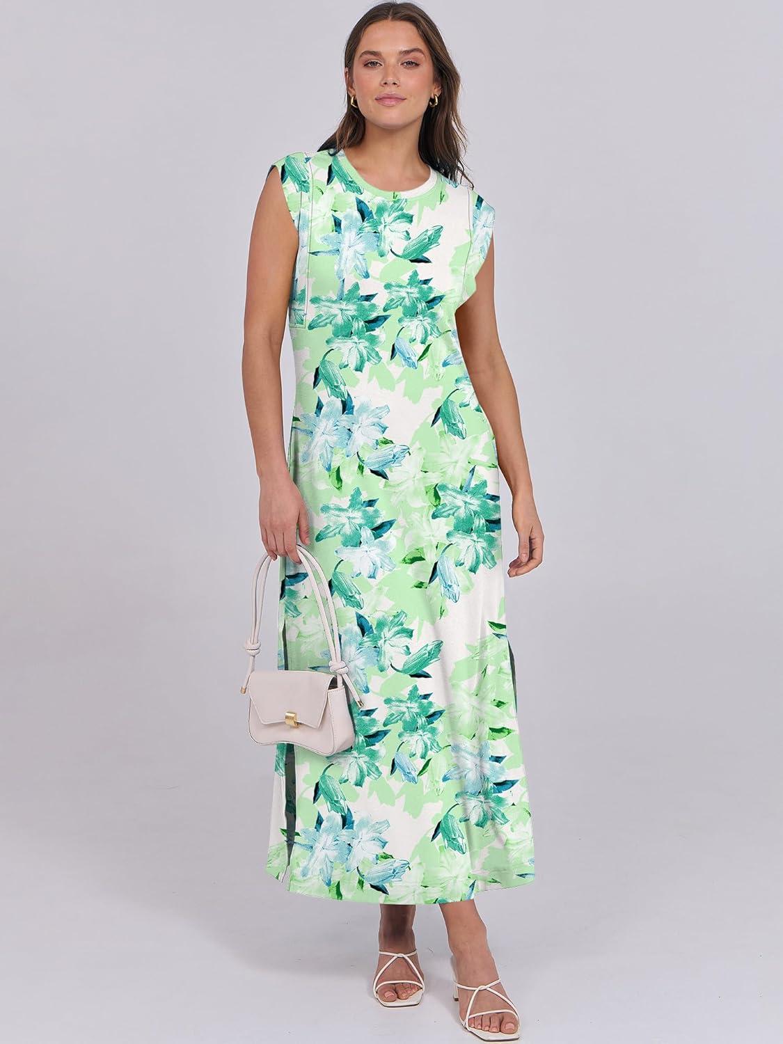 imageANRABESS Summer Dress for Women 2025 Maxi Sundresses Casual Cap Sleeve Crew Neck Loose Split Beach Travel Vacation OutfitsFloral Green