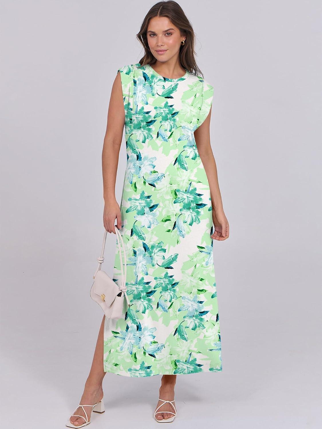 imageANRABESS Summer Dress for Women 2025 Maxi Sundresses Casual Cap Sleeve Crew Neck Loose Split Beach Travel Vacation OutfitsFloral Green
