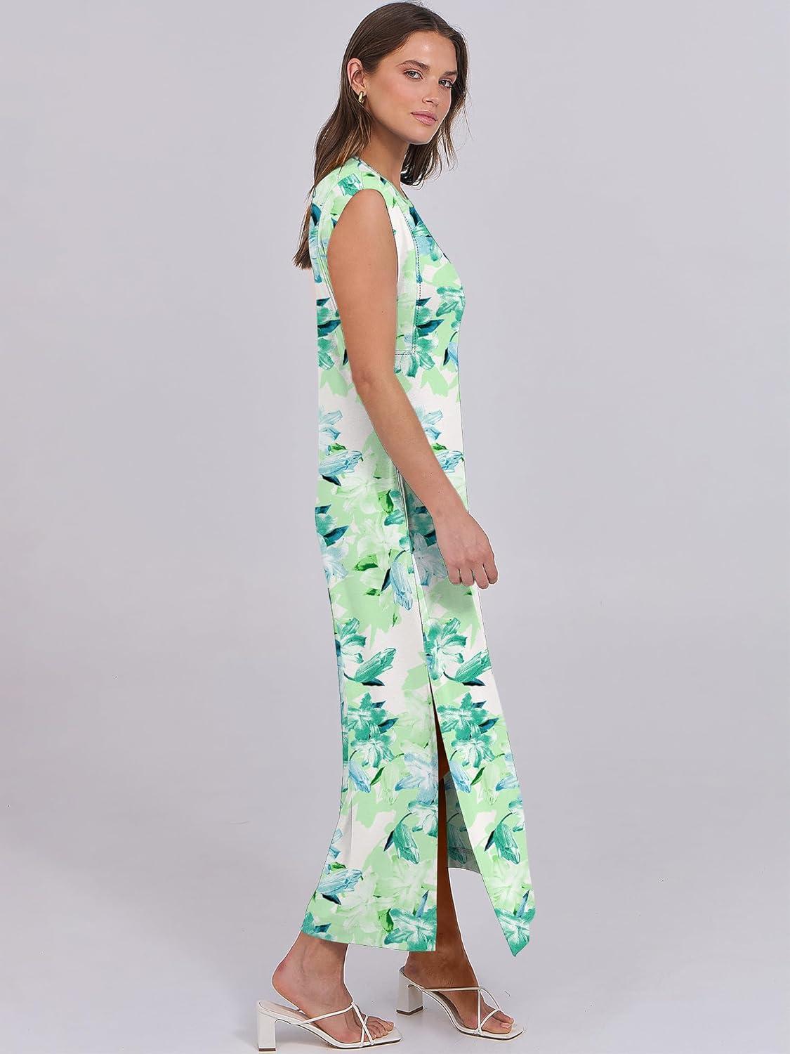 imageANRABESS Summer Dress for Women 2025 Maxi Sundresses Casual Cap Sleeve Crew Neck Loose Split Beach Travel Vacation OutfitsFloral Green