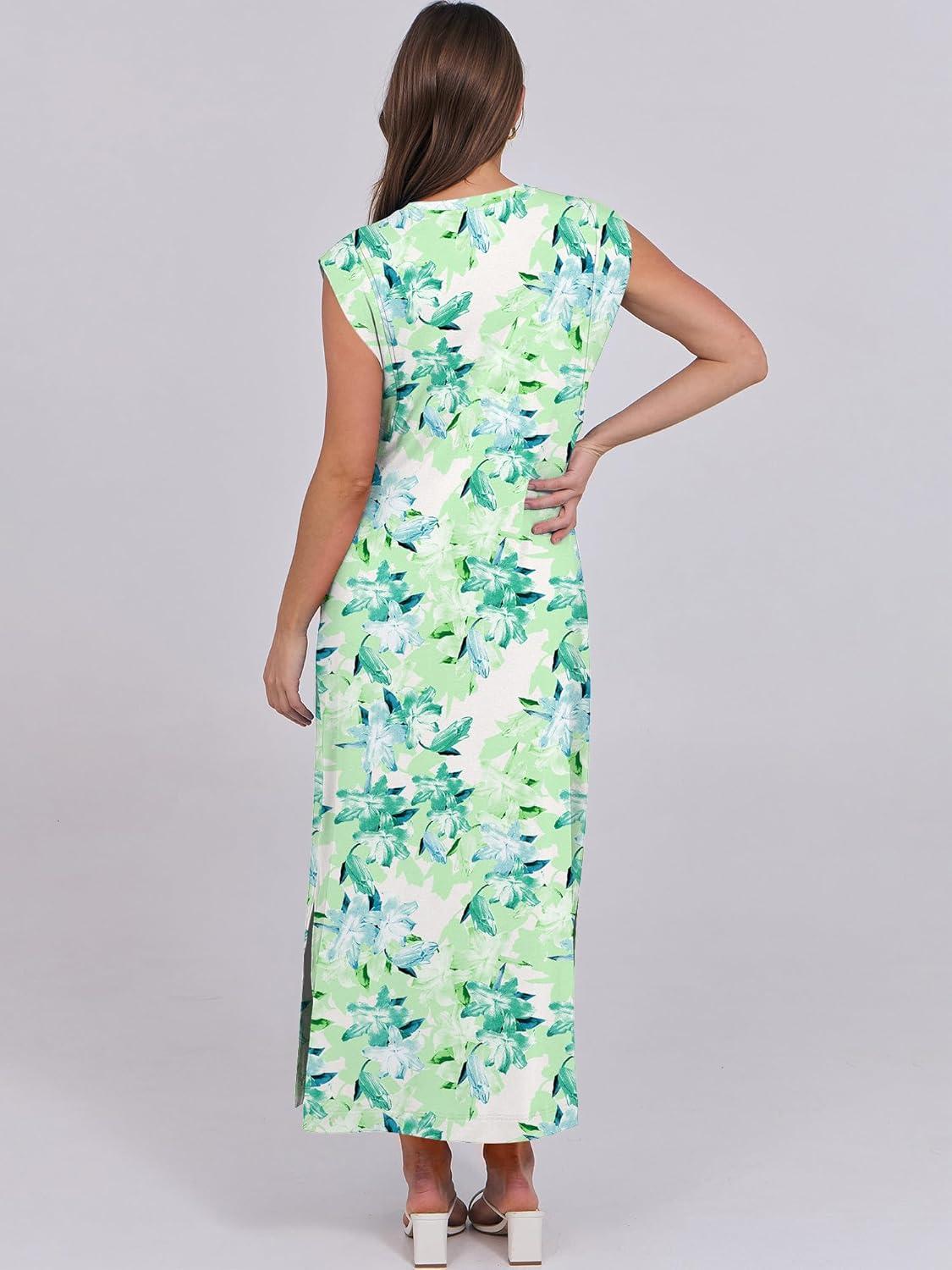 imageANRABESS Summer Dress for Women 2025 Maxi Sundresses Casual Cap Sleeve Crew Neck Loose Split Beach Travel Vacation OutfitsFloral Green
