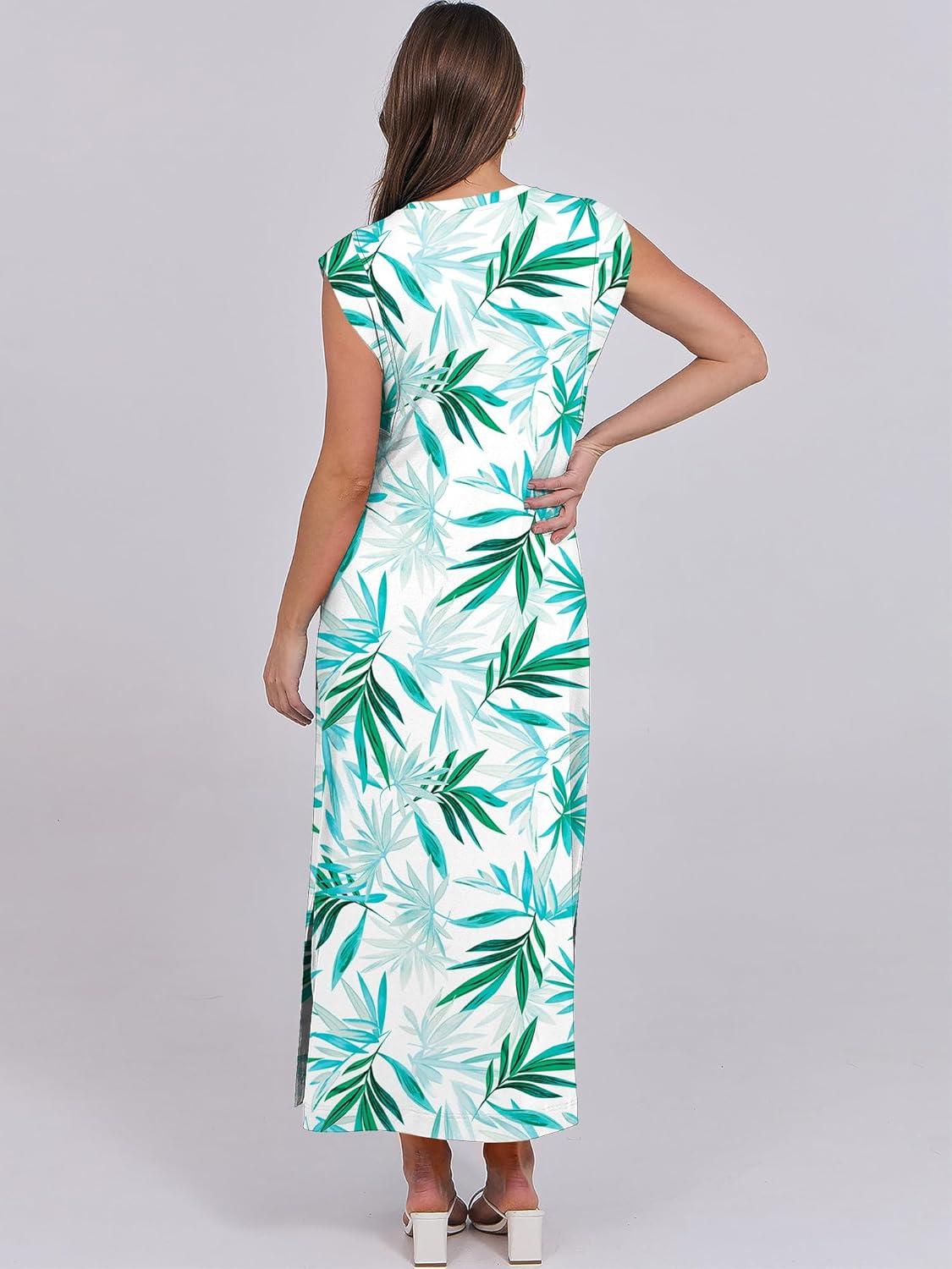 imageANRABESS Summer Dress for Women 2025 Maxi Sundresses Casual Cap Sleeve Crew Neck Loose Split Beach Travel Vacation OutfitsFloral Green White