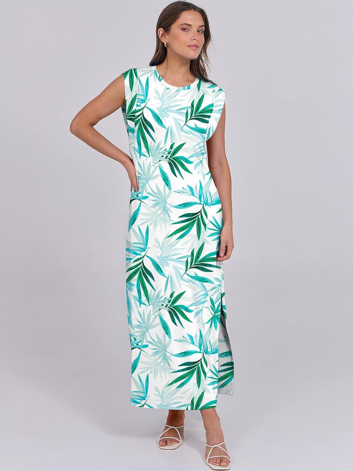 imageANRABESS Summer Dress for Women 2025 Maxi Sundresses Casual Cap Sleeve Crew Neck Loose Split Beach Travel Vacation OutfitsFloral Green White