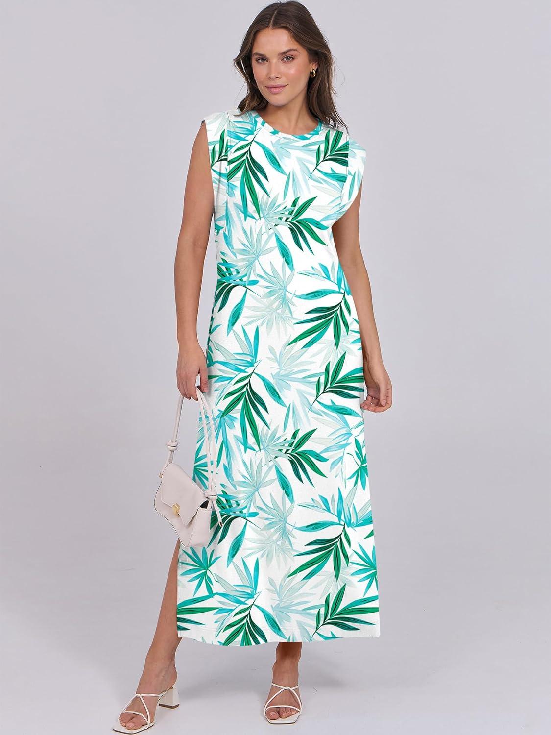 imageANRABESS Summer Dress for Women 2025 Maxi Sundresses Casual Cap Sleeve Crew Neck Loose Split Beach Travel Vacation OutfitsFloral Green White