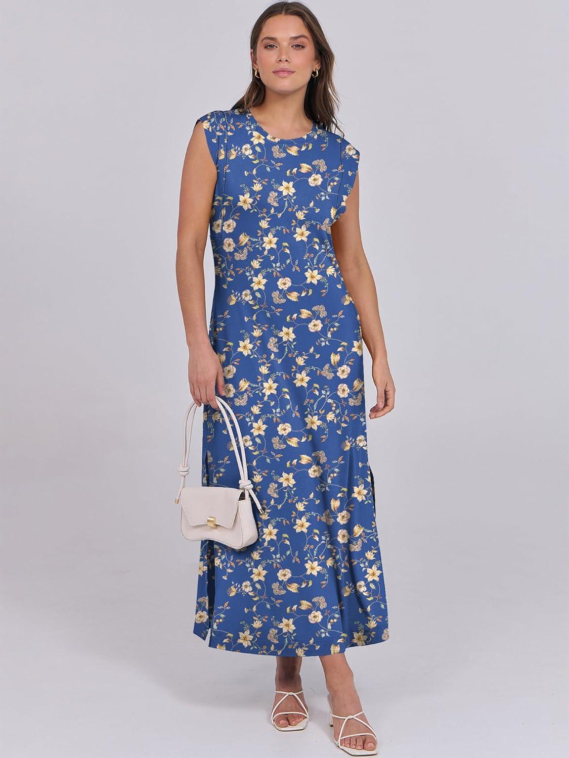 imageANRABESS Summer Dress for Women 2025 Maxi Sundresses Casual Cap Sleeve Crew Neck Loose Split Beach Travel Vacation OutfitsFloral Light Blue