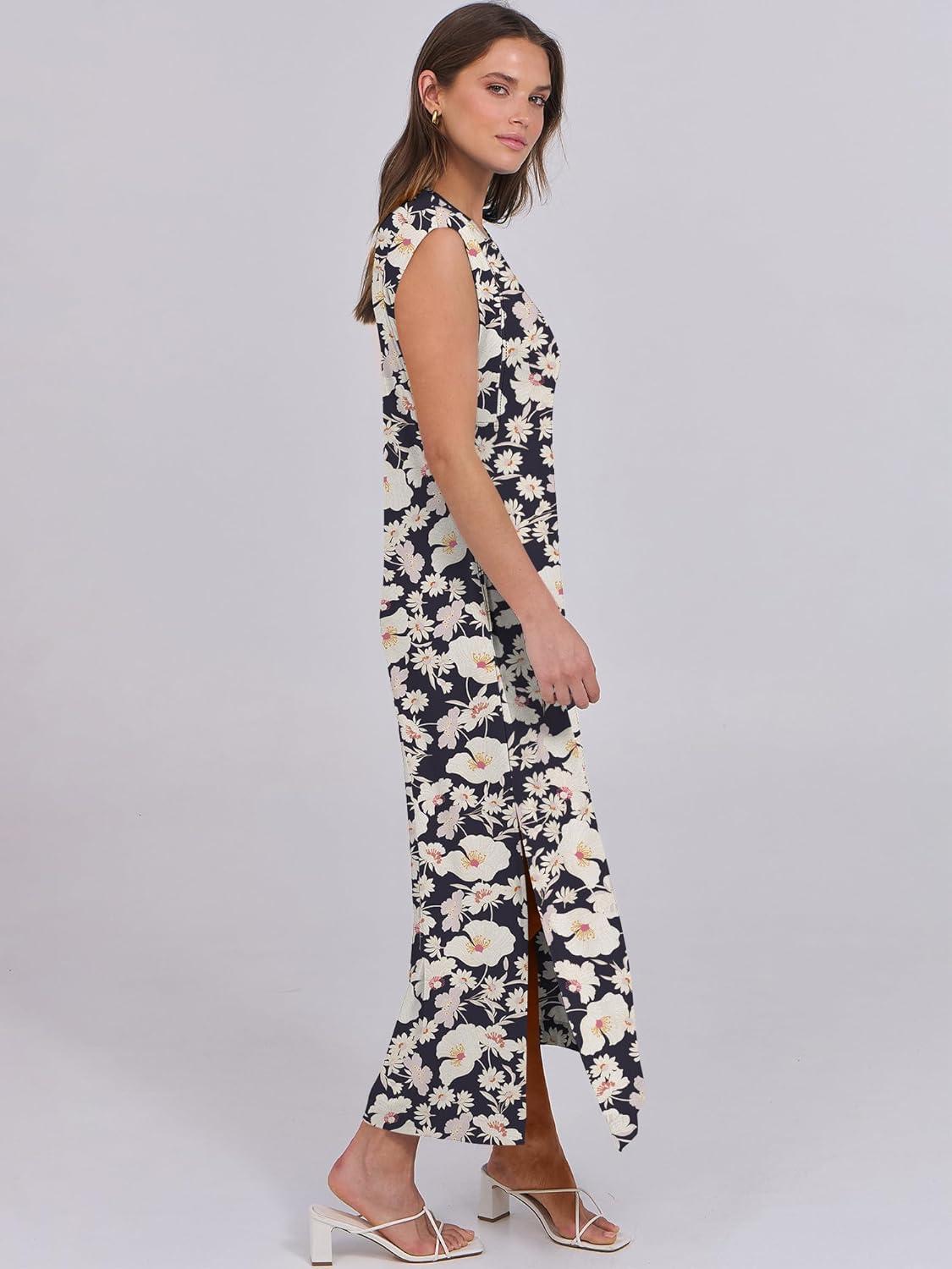 imageANRABESS Summer Dress for Women 2025 Maxi Sundresses Casual Cap Sleeve Crew Neck Loose Split Beach Travel Vacation OutfitsFloral Navy