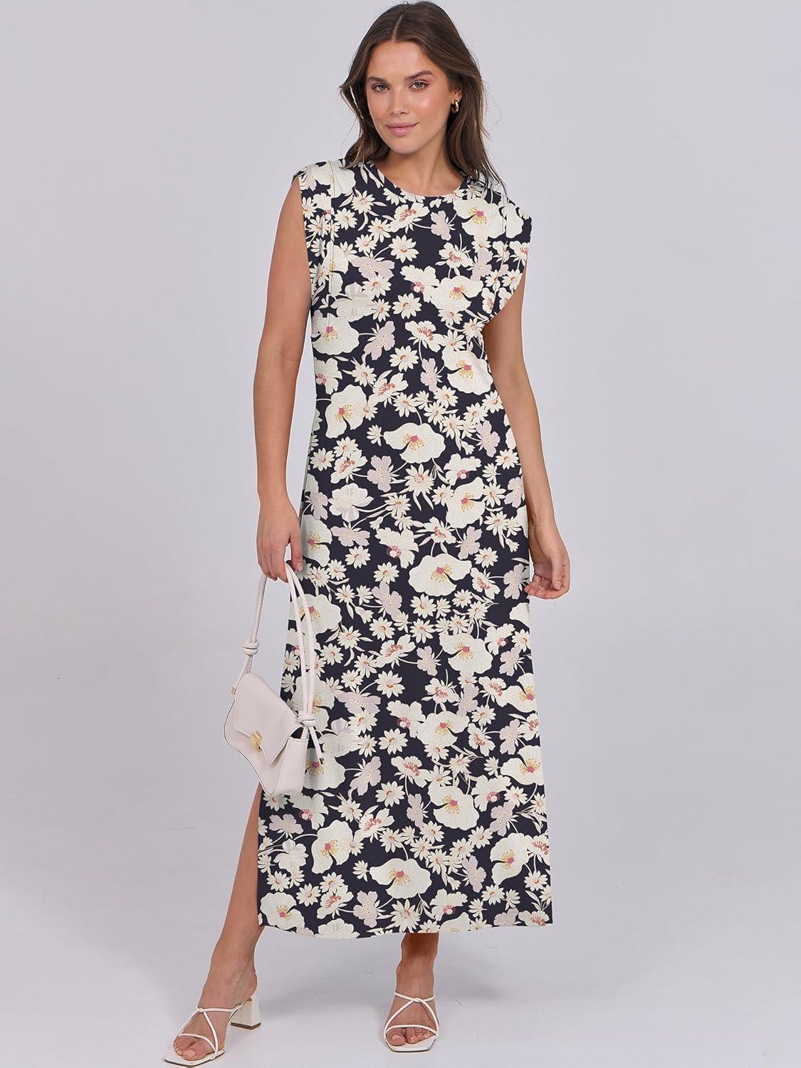 imageANRABESS Summer Dress for Women 2025 Maxi Sundresses Casual Cap Sleeve Crew Neck Loose Split Beach Travel Vacation OutfitsFloral Navy
