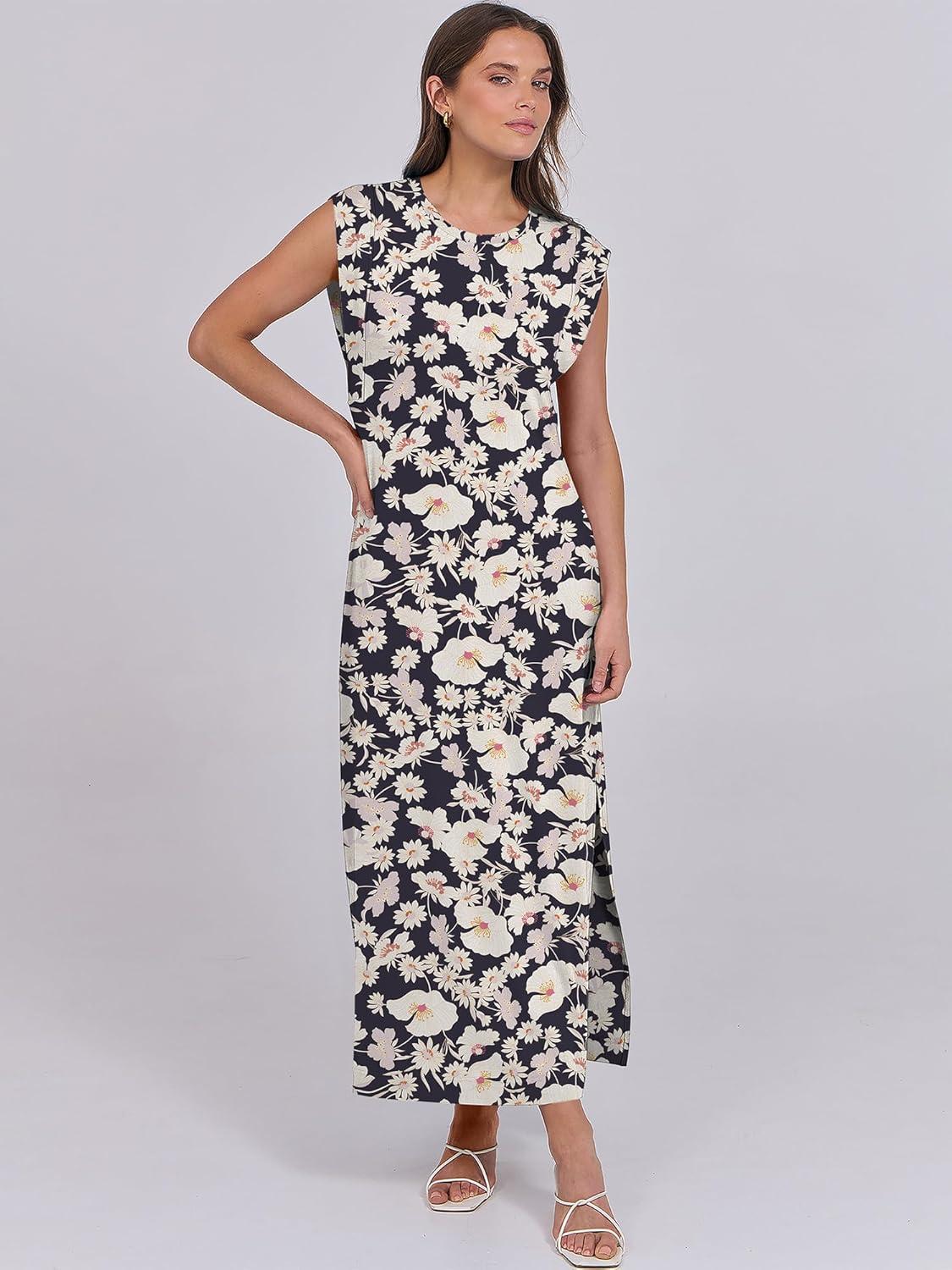 imageANRABESS Summer Dress for Women 2025 Maxi Sundresses Casual Cap Sleeve Crew Neck Loose Split Beach Travel Vacation OutfitsFloral Navy
