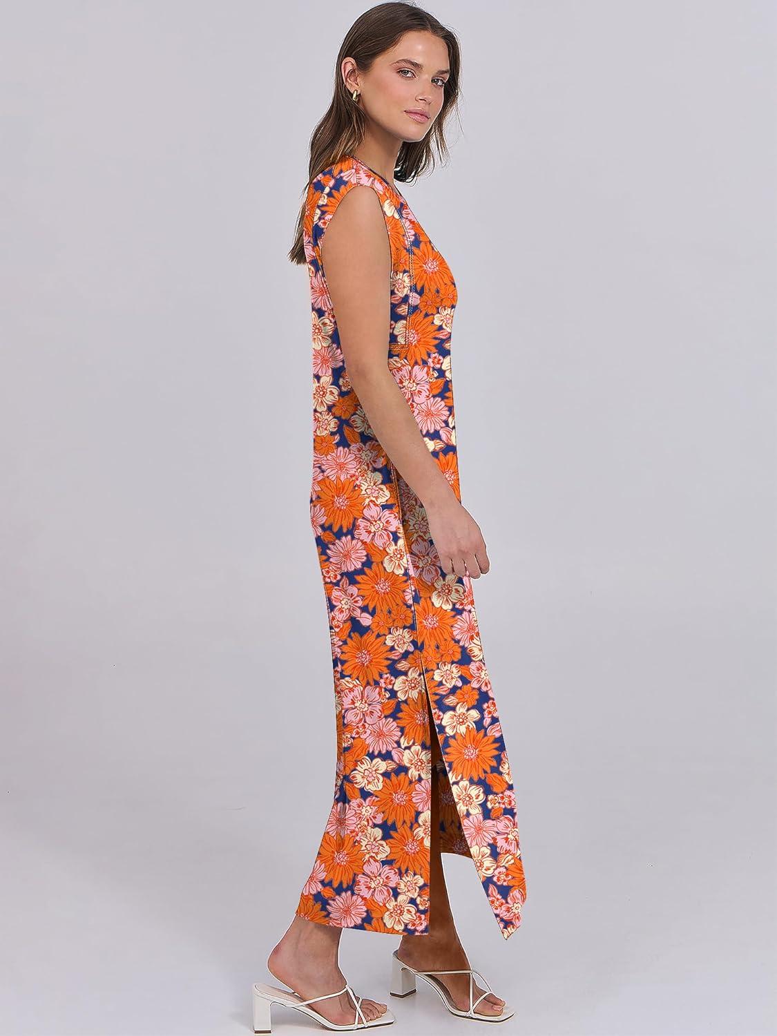 imageANRABESS Summer Dress for Women 2025 Maxi Sundresses Casual Cap Sleeve Crew Neck Loose Split Beach Travel Vacation OutfitsFloral Orange Pink