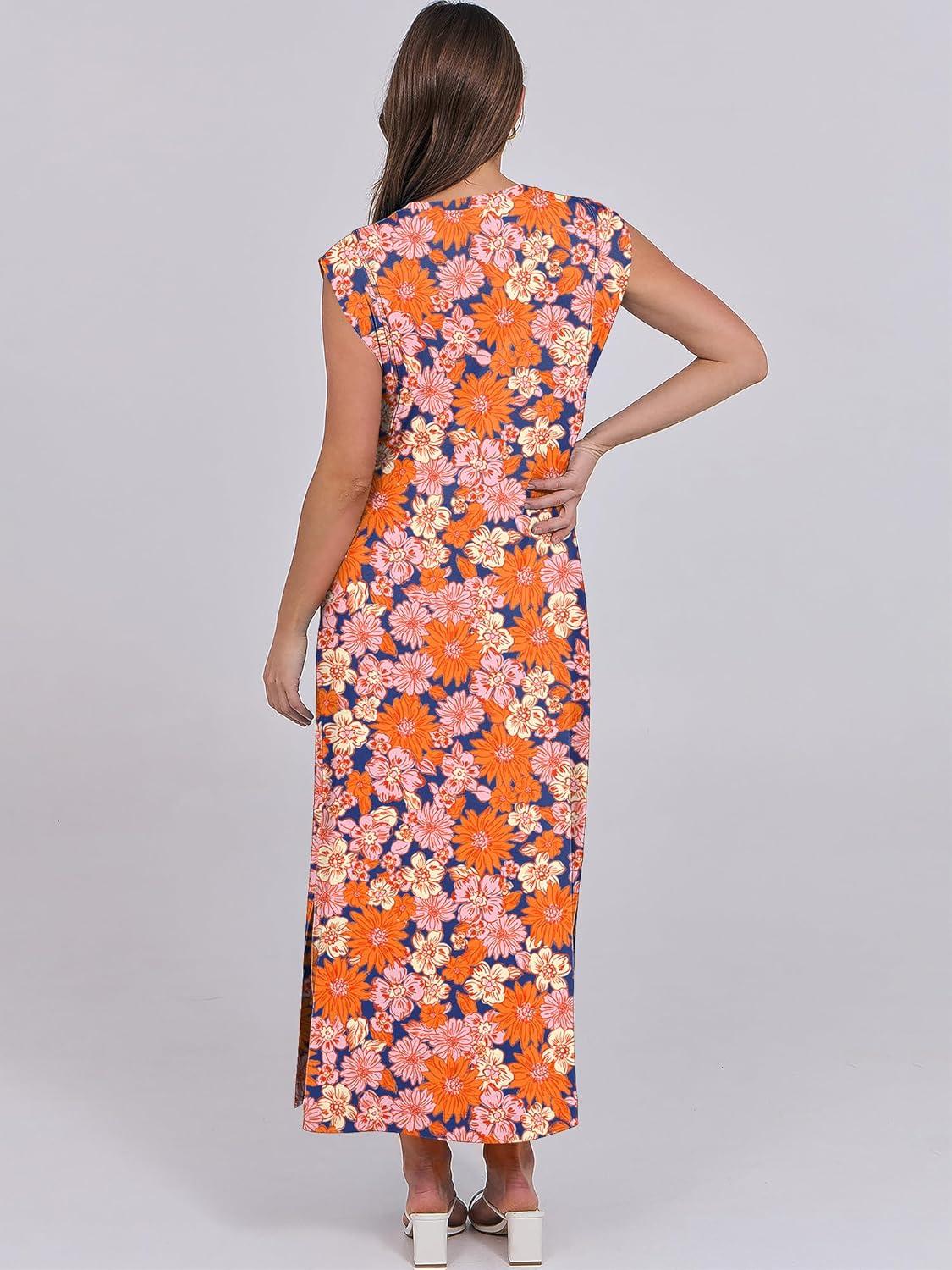 imageANRABESS Summer Dress for Women 2025 Maxi Sundresses Casual Cap Sleeve Crew Neck Loose Split Beach Travel Vacation OutfitsFloral Orange Pink