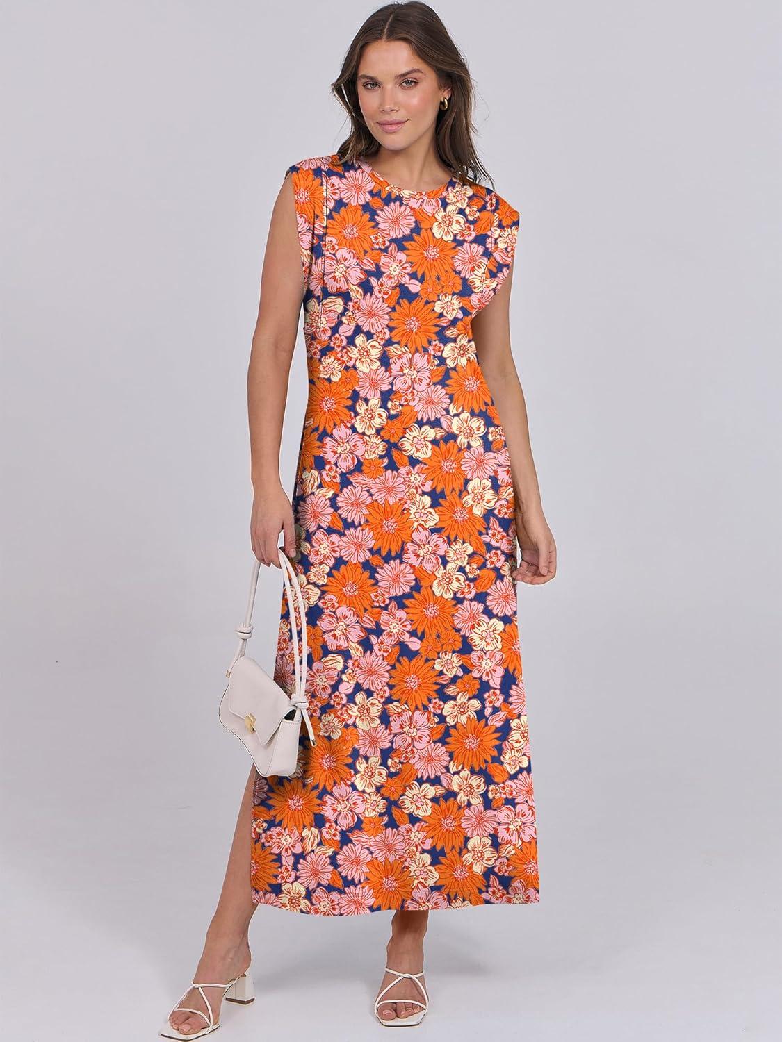 imageANRABESS Summer Dress for Women 2025 Maxi Sundresses Casual Cap Sleeve Crew Neck Loose Split Beach Travel Vacation OutfitsFloral Orange Pink