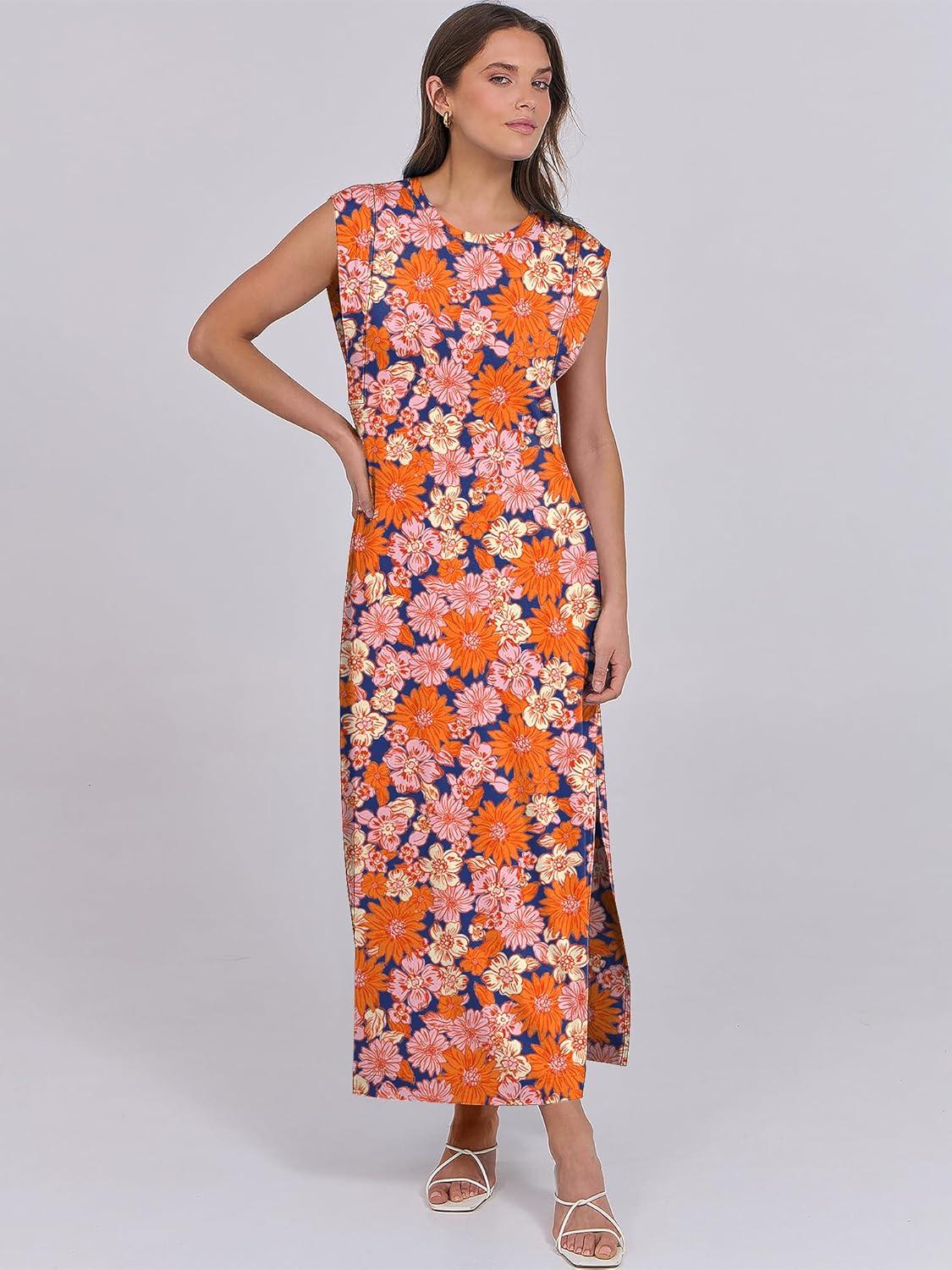 imageANRABESS Summer Dress for Women 2025 Maxi Sundresses Casual Cap Sleeve Crew Neck Loose Split Beach Travel Vacation OutfitsFloral Orange Pink