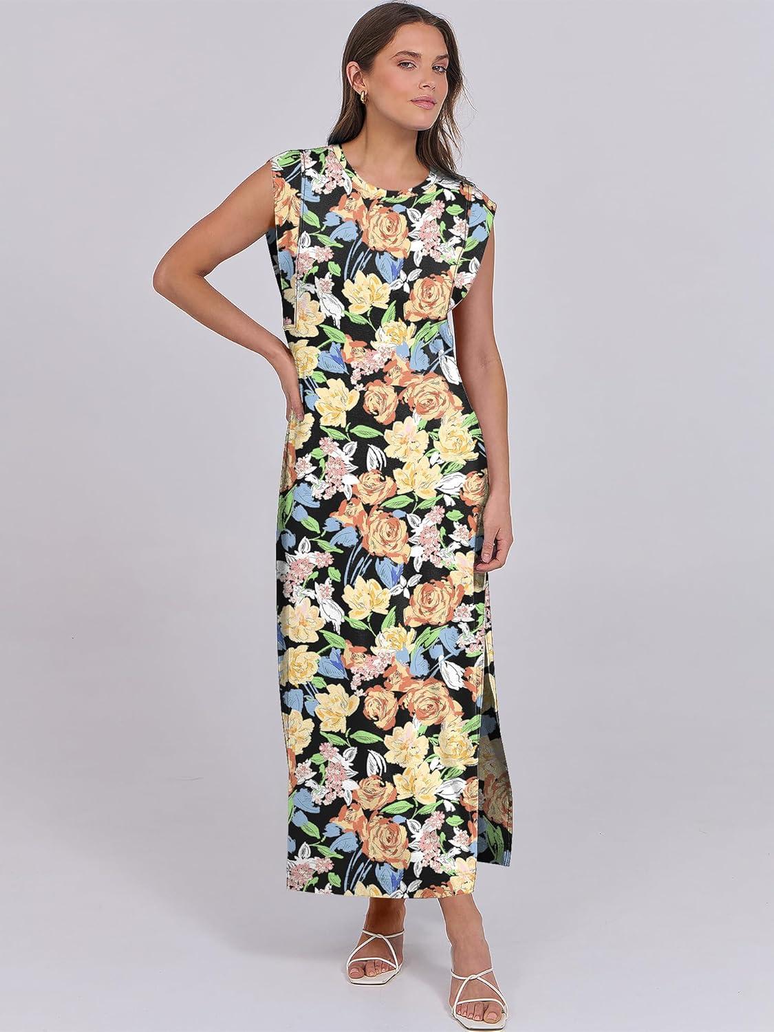 imageANRABESS Summer Dress for Women 2025 Maxi Sundresses Casual Cap Sleeve Crew Neck Loose Split Beach Travel Vacation OutfitsFloral Orange Yellow