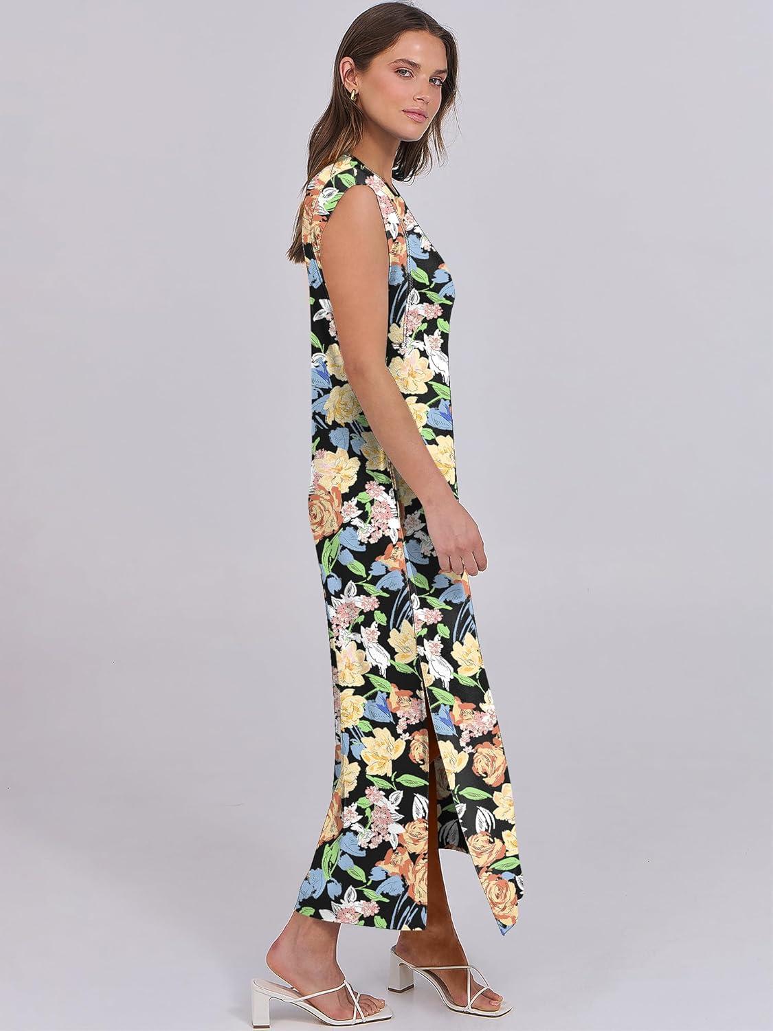 imageANRABESS Summer Dress for Women 2025 Maxi Sundresses Casual Cap Sleeve Crew Neck Loose Split Beach Travel Vacation OutfitsFloral Orange Yellow