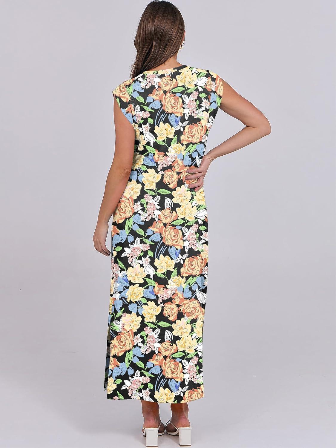 imageANRABESS Summer Dress for Women 2025 Maxi Sundresses Casual Cap Sleeve Crew Neck Loose Split Beach Travel Vacation OutfitsFloral Orange Yellow