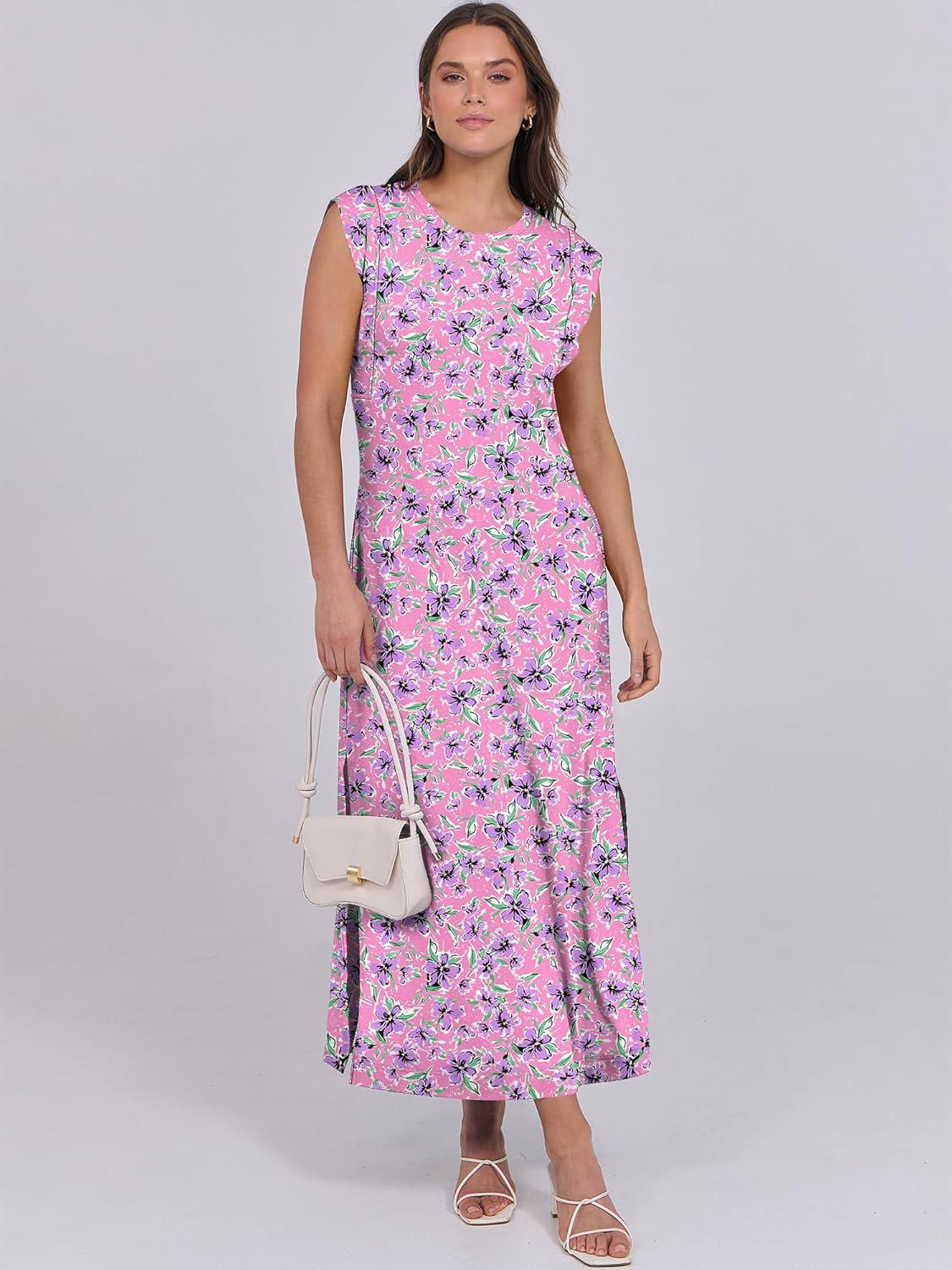 imageANRABESS Summer Dress for Women 2025 Maxi Sundresses Casual Cap Sleeve Crew Neck Loose Split Beach Travel Vacation OutfitsFloral Purple Pink