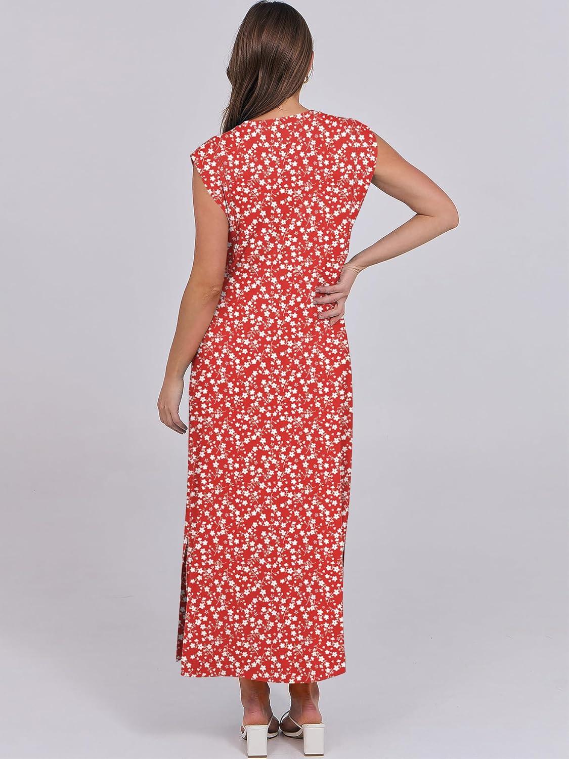 imageANRABESS Summer Dress for Women 2025 Maxi Sundresses Casual Cap Sleeve Crew Neck Loose Split Beach Travel Vacation OutfitsFloral Red