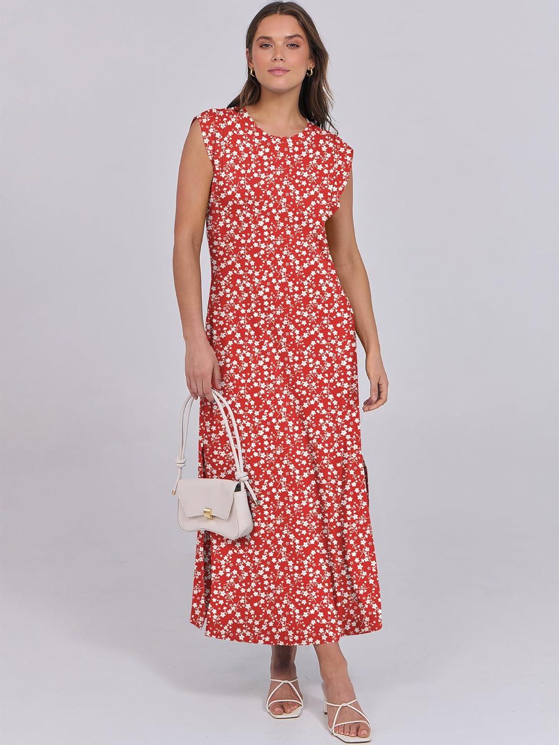 imageANRABESS Summer Dress for Women 2025 Maxi Sundresses Casual Cap Sleeve Crew Neck Loose Split Beach Travel Vacation OutfitsFloral Red