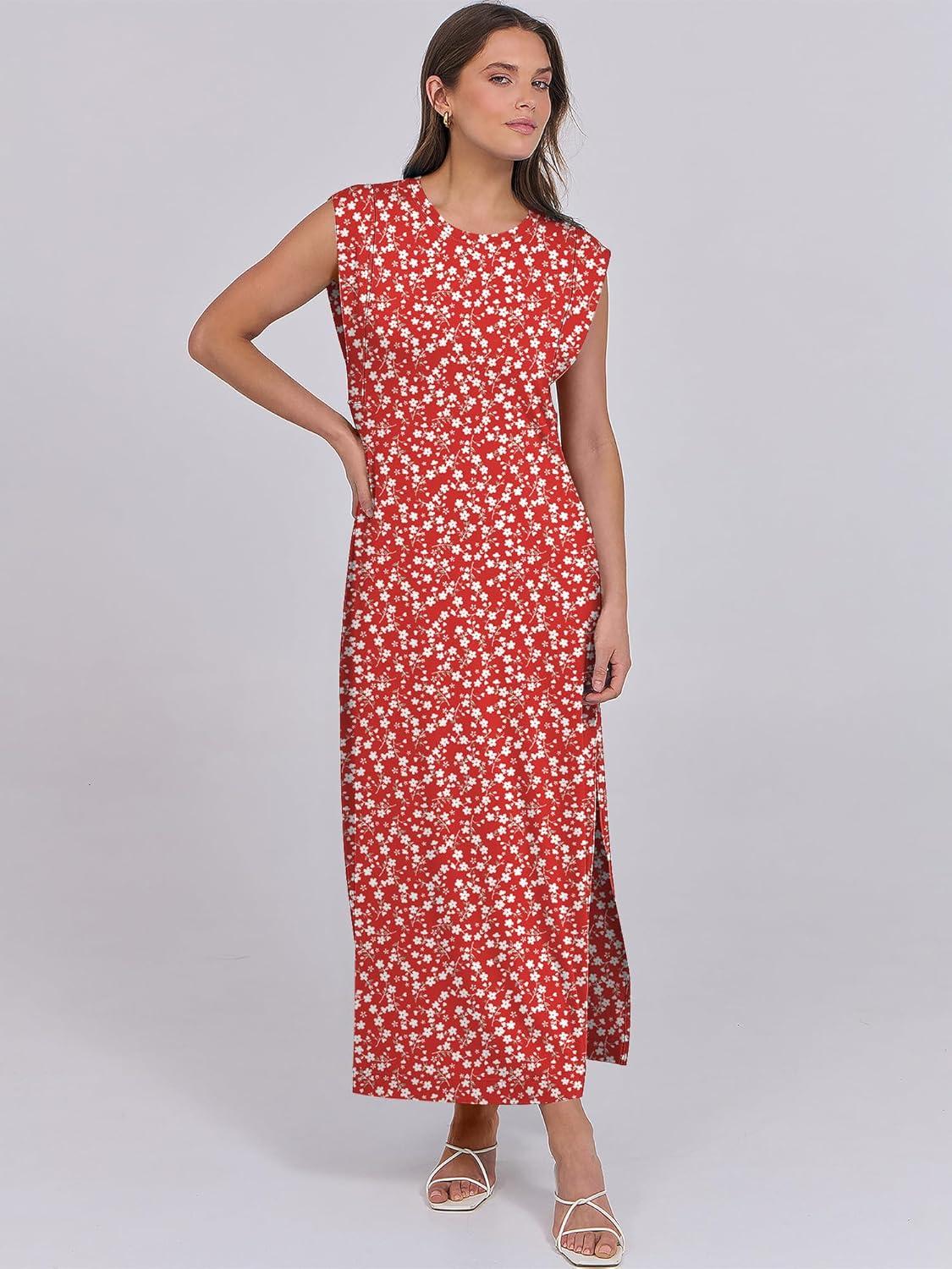 imageANRABESS Summer Dress for Women 2025 Maxi Sundresses Casual Cap Sleeve Crew Neck Loose Split Beach Travel Vacation OutfitsFloral Red