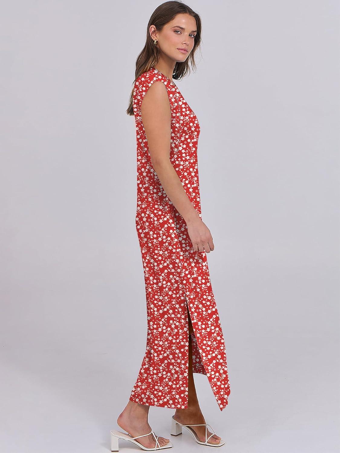 imageANRABESS Summer Dress for Women 2025 Maxi Sundresses Casual Cap Sleeve Crew Neck Loose Split Beach Travel Vacation OutfitsFloral Red