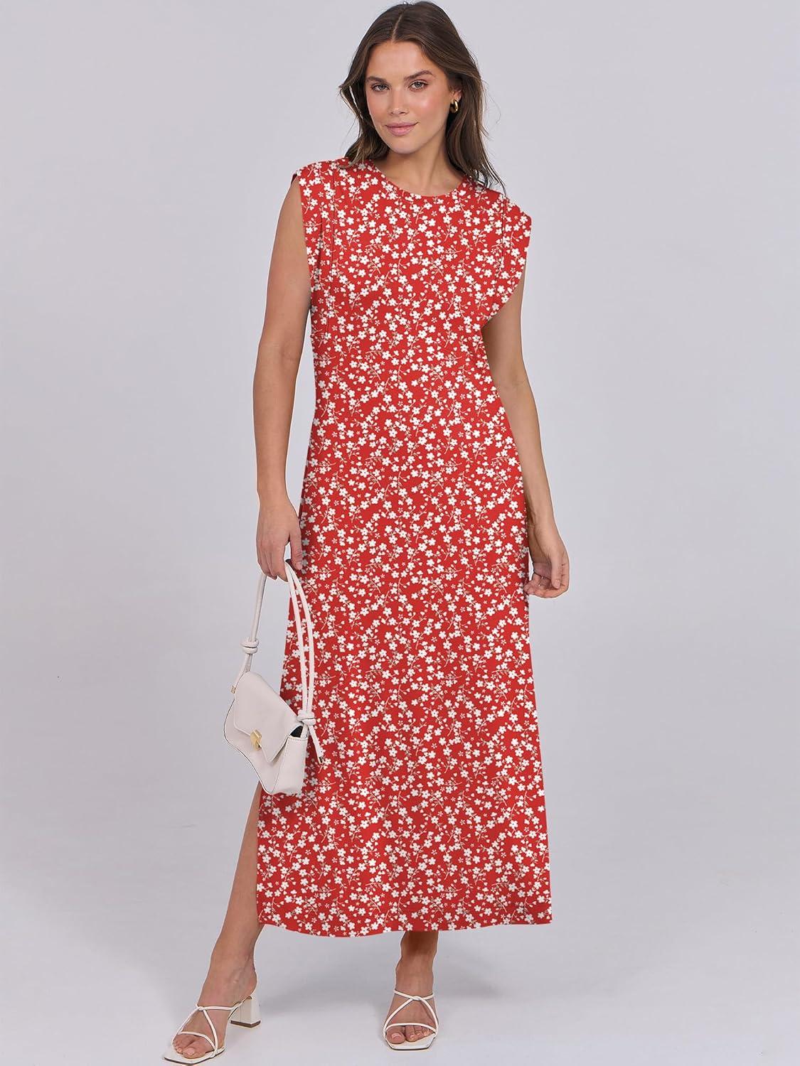 imageANRABESS Summer Dress for Women 2025 Maxi Sundresses Casual Cap Sleeve Crew Neck Loose Split Beach Travel Vacation OutfitsFloral Red