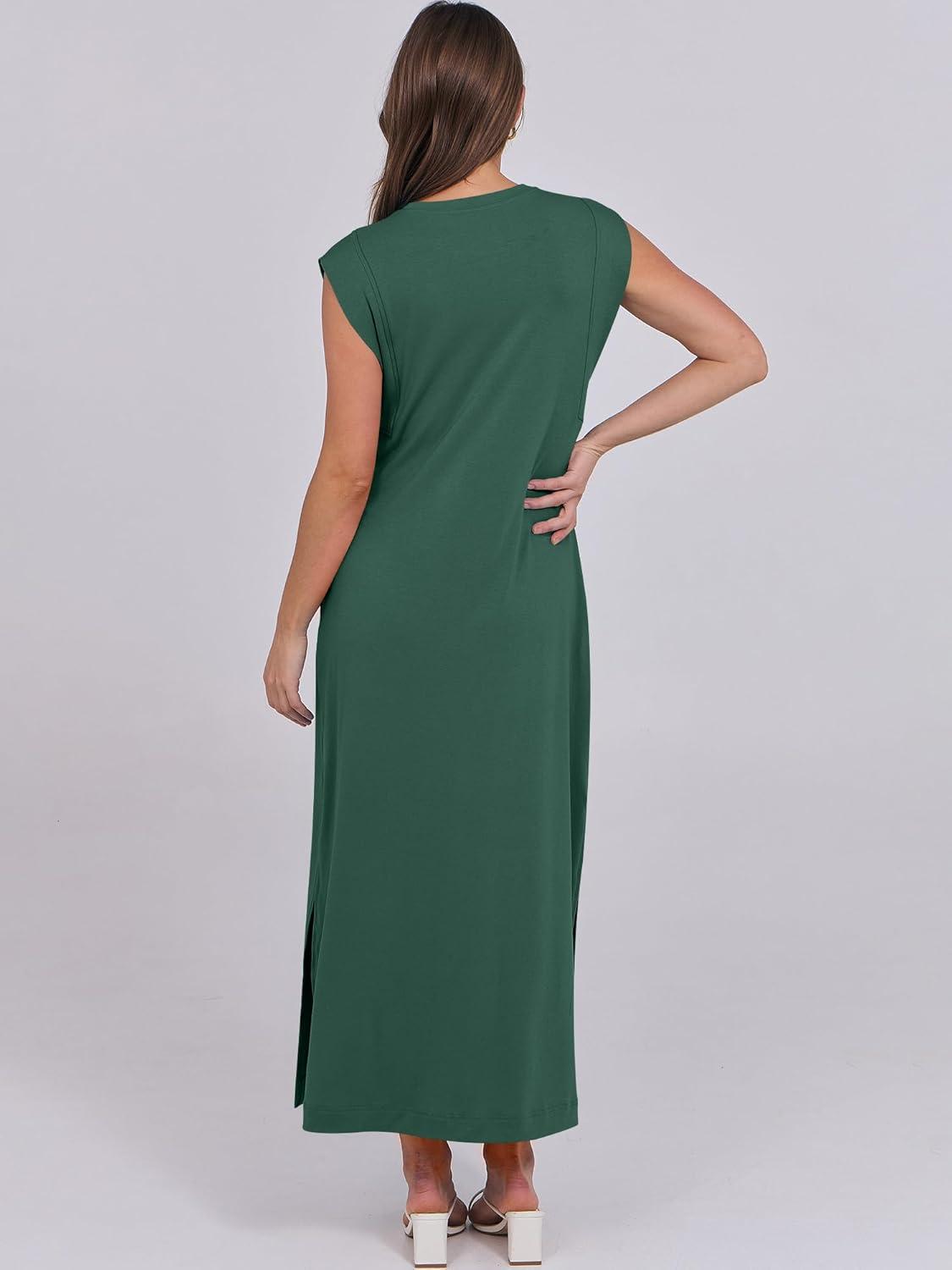 imageANRABESS Summer Dress for Women 2025 Maxi Sundresses Casual Cap Sleeve Crew Neck Loose Split Beach Travel Vacation OutfitsForest Green