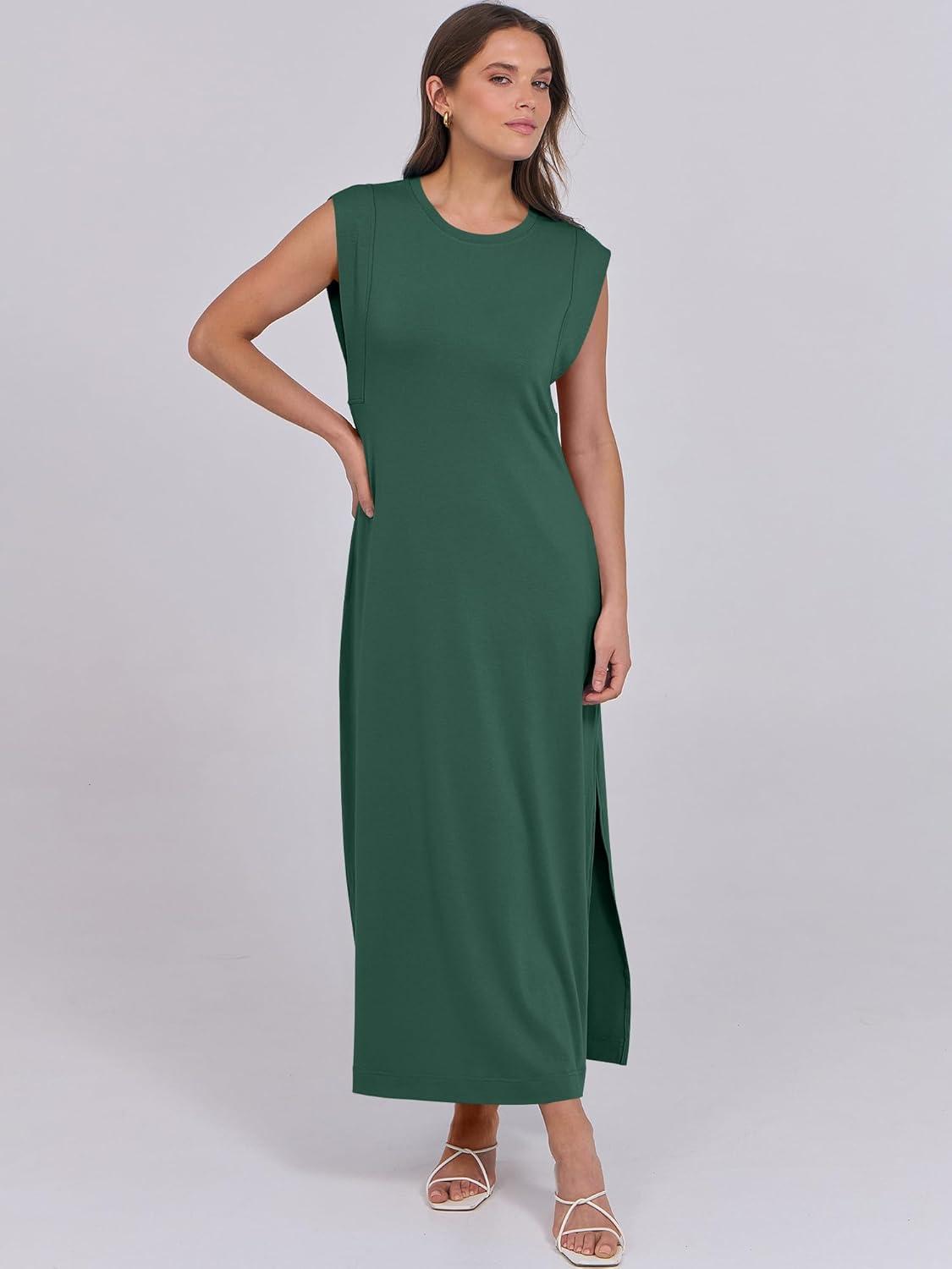 imageANRABESS Summer Dress for Women 2025 Maxi Sundresses Casual Cap Sleeve Crew Neck Loose Split Beach Travel Vacation OutfitsForest Green