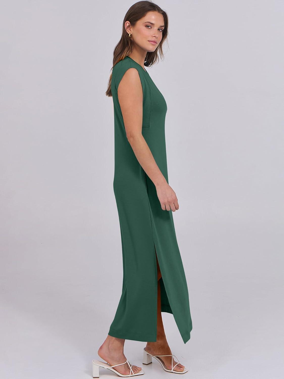 imageANRABESS Summer Dress for Women 2025 Maxi Sundresses Casual Cap Sleeve Crew Neck Loose Split Beach Travel Vacation OutfitsForest Green