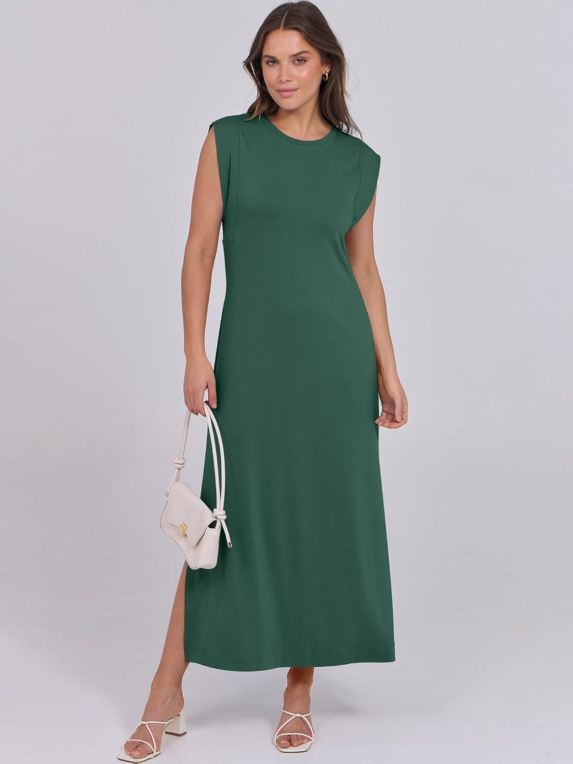 imageANRABESS Summer Dress for Women 2025 Maxi Sundresses Casual Cap Sleeve Crew Neck Loose Split Beach Travel Vacation OutfitsForest Green