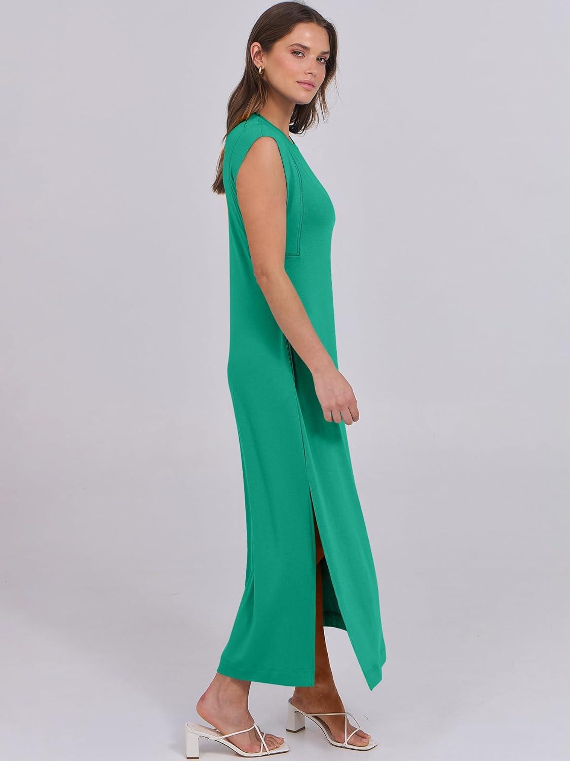 imageANRABESS Summer Dress for Women 2025 Maxi Sundresses Casual Cap Sleeve Crew Neck Loose Split Beach Travel Vacation OutfitsGreen