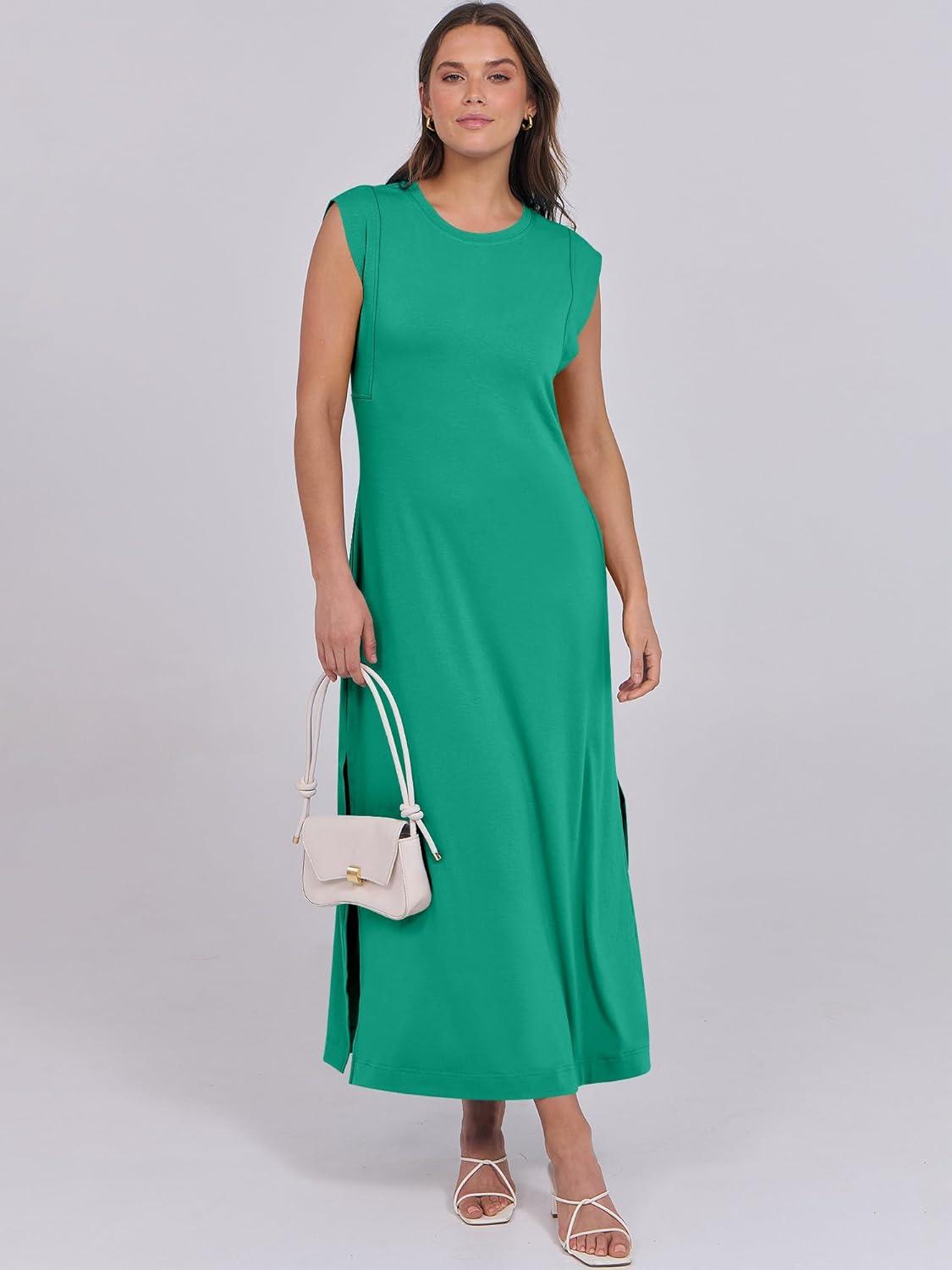 imageANRABESS Summer Dress for Women 2025 Maxi Sundresses Casual Cap Sleeve Crew Neck Loose Split Beach Travel Vacation OutfitsGreen
