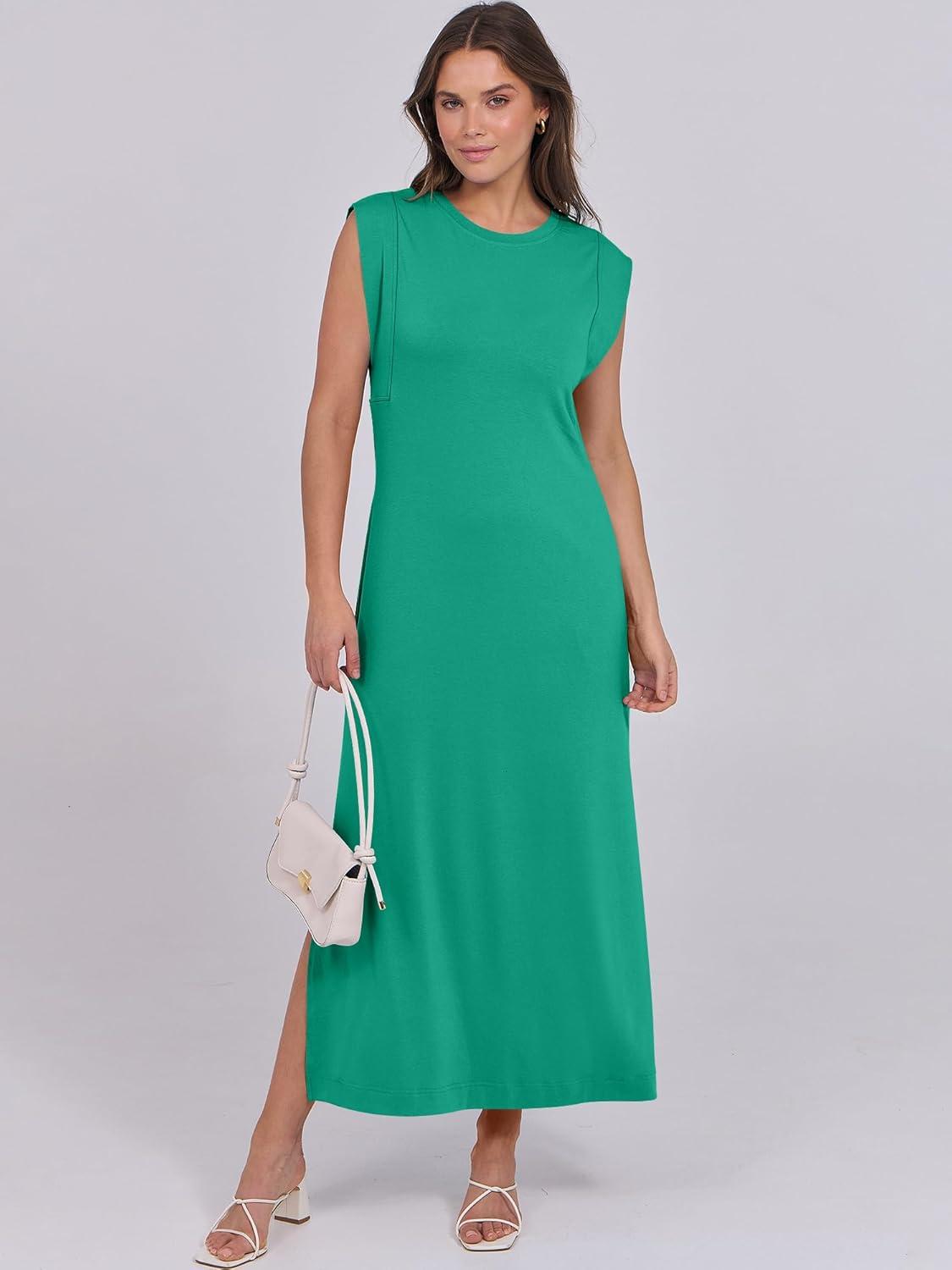 imageANRABESS Summer Dress for Women 2025 Maxi Sundresses Casual Cap Sleeve Crew Neck Loose Split Beach Travel Vacation OutfitsGreen